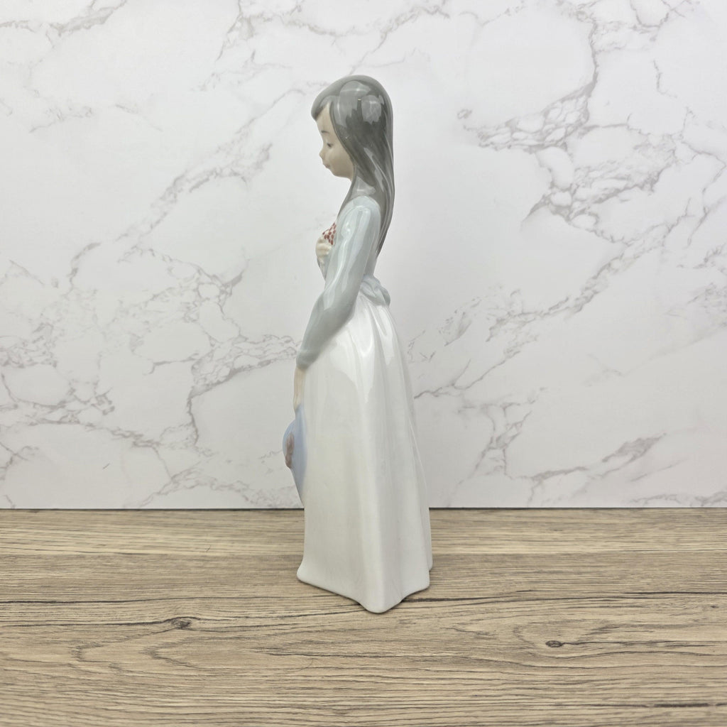 Girl Holding Hat Porcelain Figurine Vintage Collectible Sculpture by NAO Lladro Spain Gloss Finish