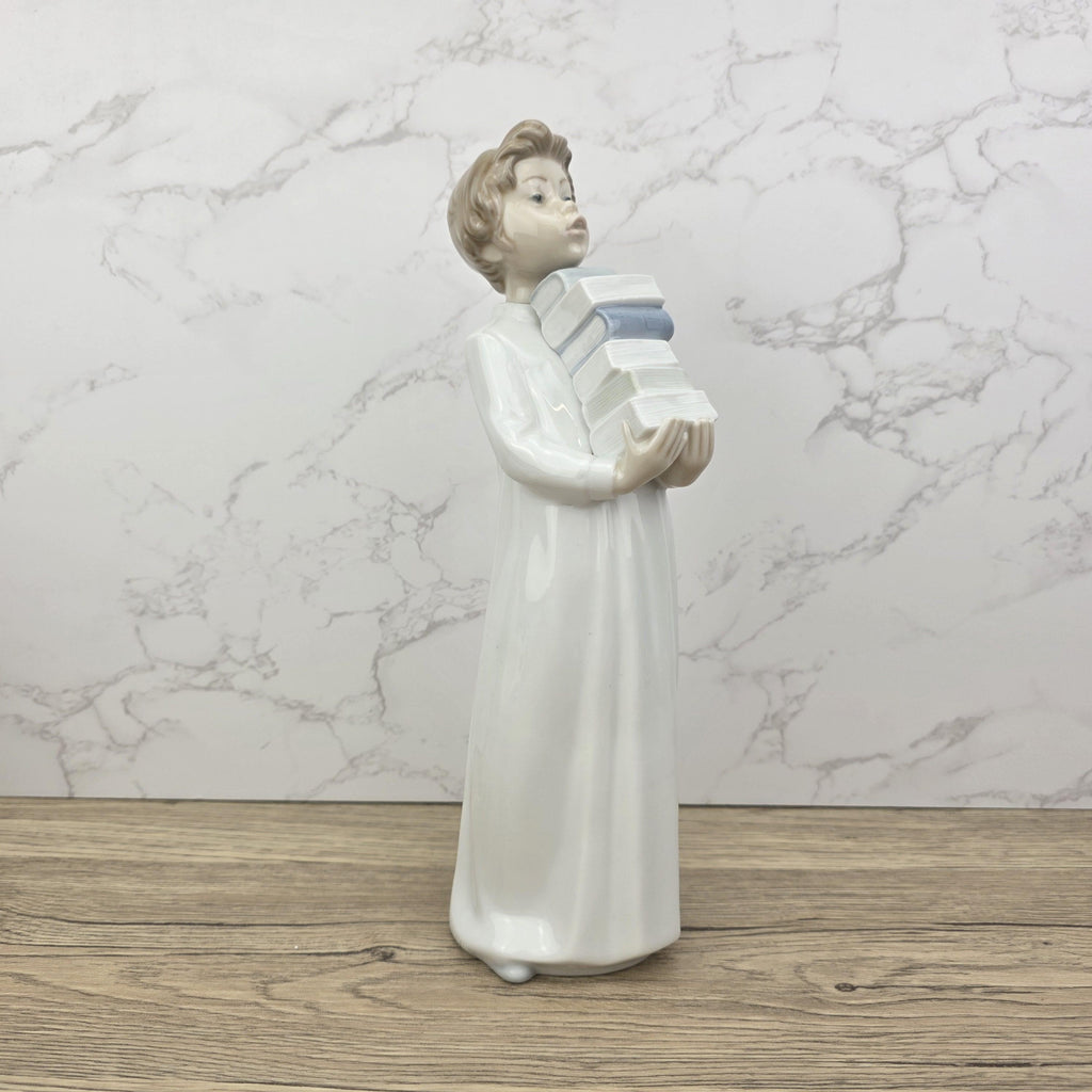NAO by Lladro “The Little Scholar” Vintage Porcelain Figurine | Boy Holding Books | Handcrafted Glazed Porcelain