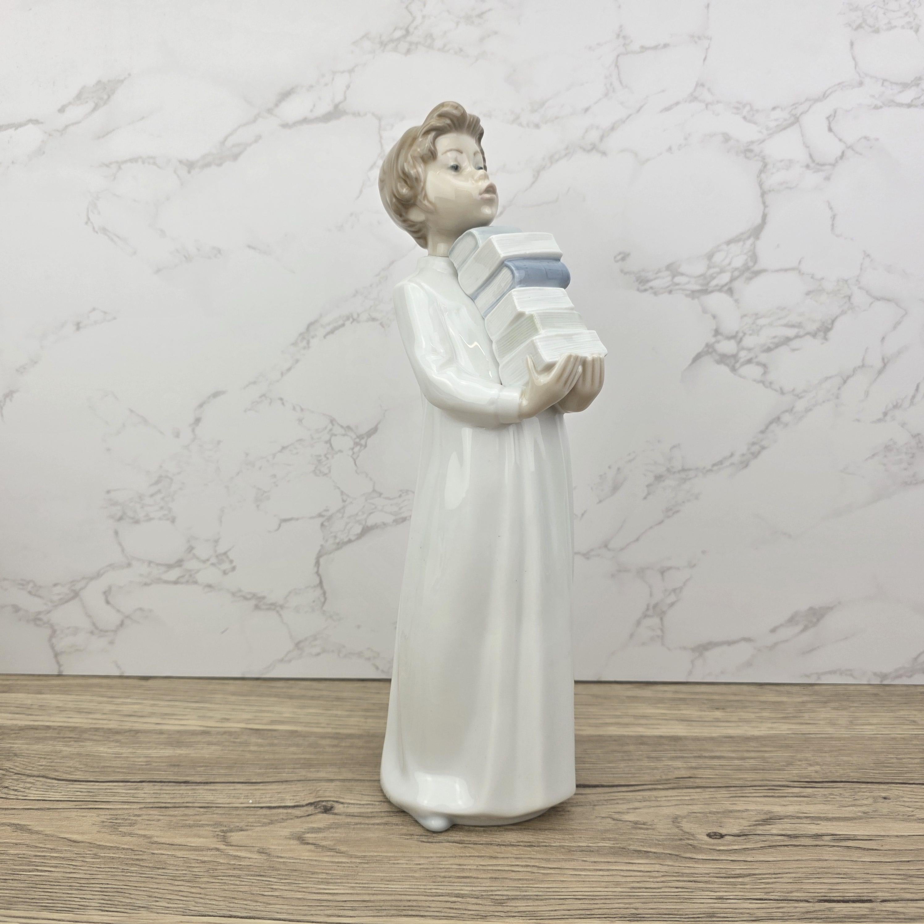 NAO by Lladro “The Little Scholar” Vintage Porcelain Figurine | Boy Holding Books | Handcrafted Glazed Porcelain