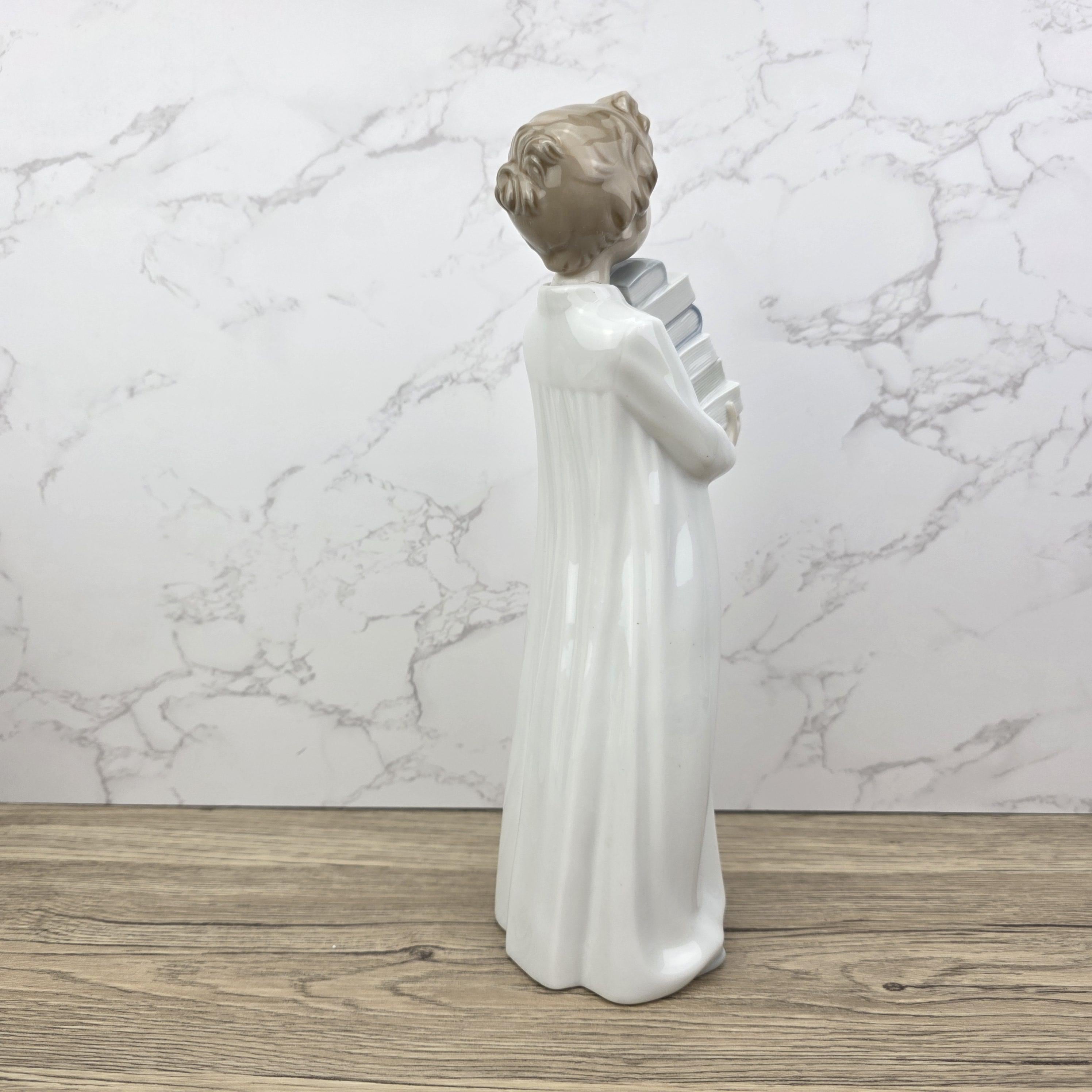 NAO by Lladro “The Little Scholar” Vintage Porcelain Figurine | Boy Holding Books | Handcrafted Glazed Porcelain