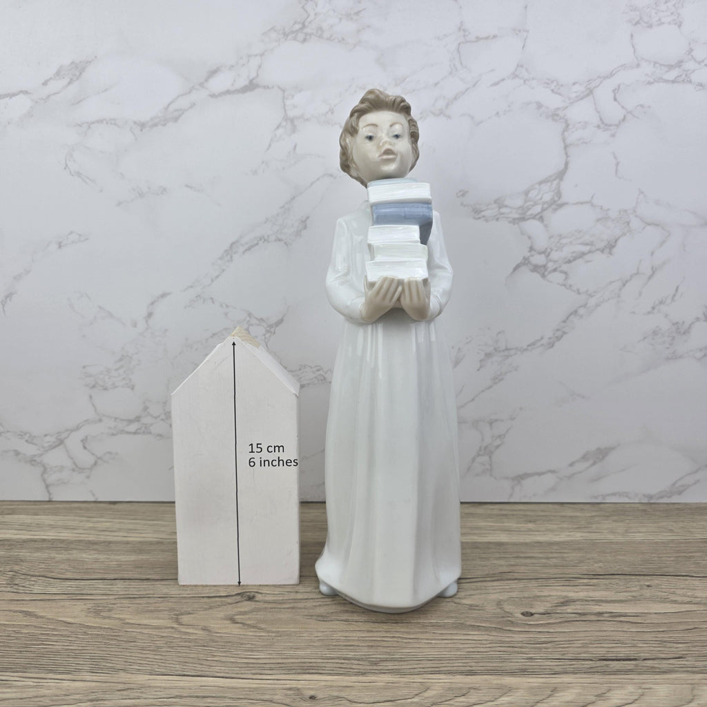 NAO by Lladro “The Little Scholar” Vintage Porcelain Figurine | Boy Holding Books | Handcrafted Glazed Porcelain