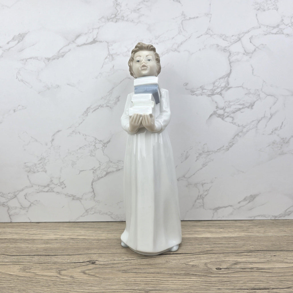 NAO by Lladro “The Little Scholar” Vintage Porcelain Figurine | Boy Holding Books | Handcrafted Glazed Porcelain