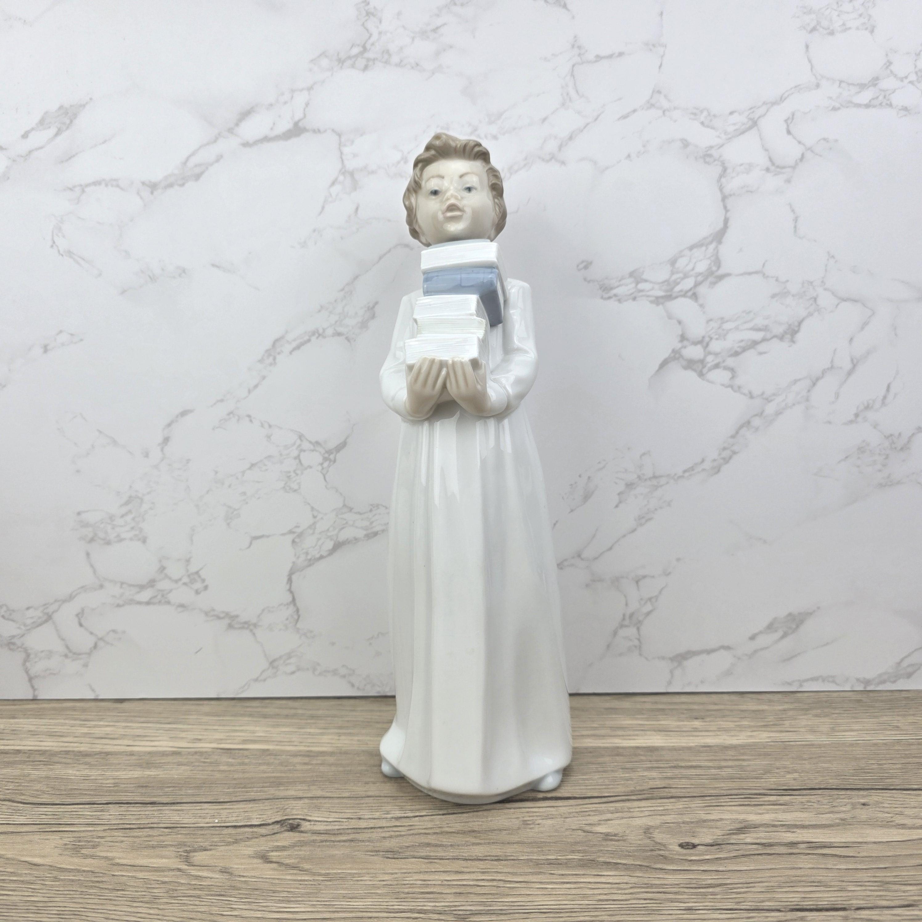 NAO by Lladro “The Little Scholar” Vintage Porcelain Figurine | Boy Holding Books | Handcrafted Glazed Porcelain