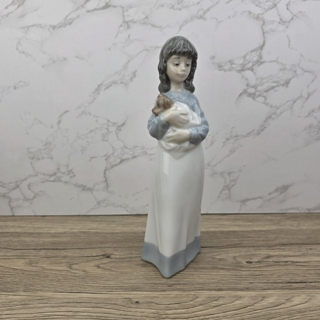 Vintage NAO by Lladro “Girl Holding Puppy” Porcelain Figurine | Spain 1980s | Handcrafted Glazed Collectible