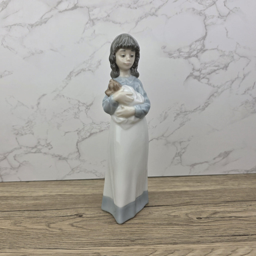 Vintage NAO by Lladro “Girl Holding Puppy” Porcelain Figurine | Spain 1980s | Handcrafted Glazed Collectible