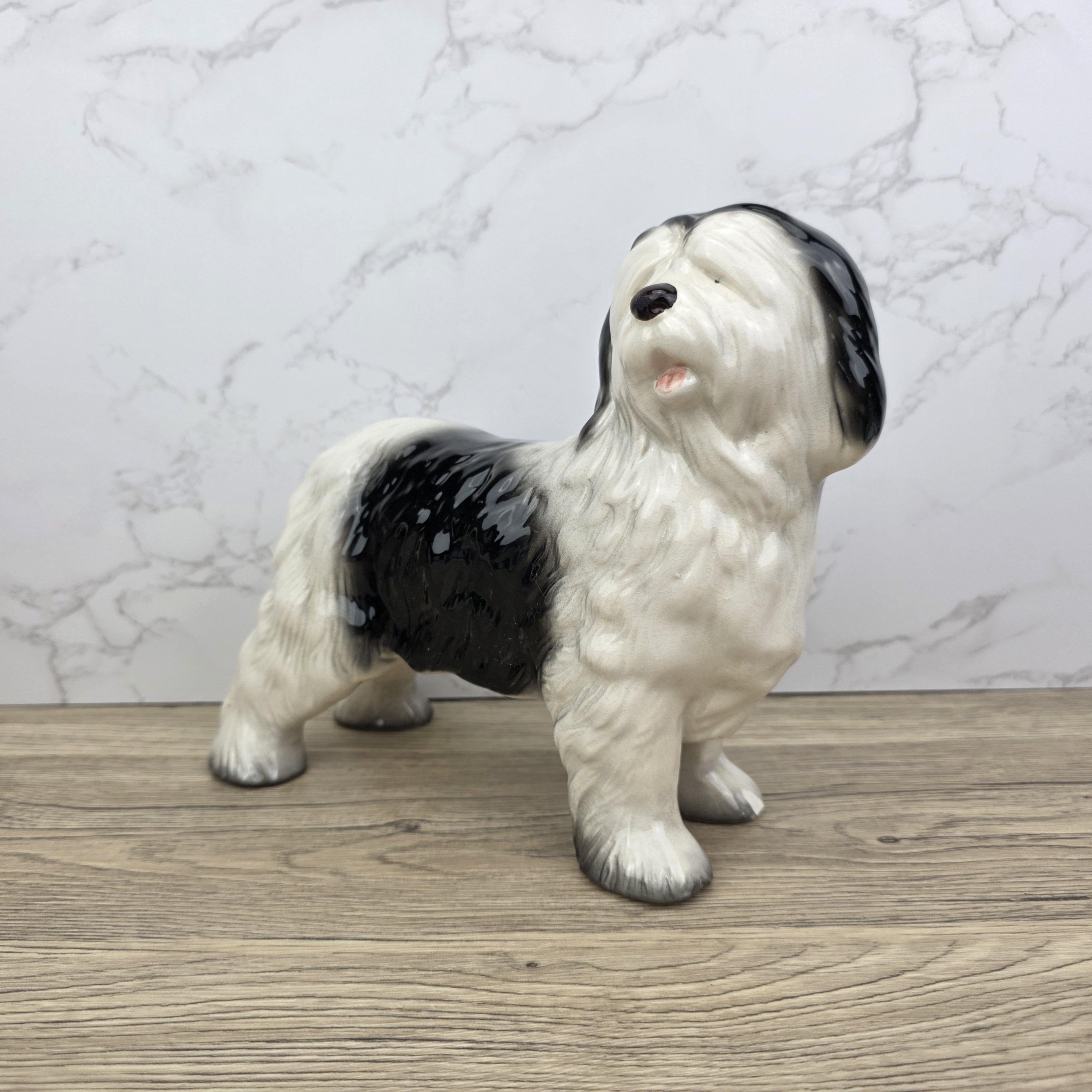 Melbaware Old English Sheepdog Porcelain Figurine Large Vintage Black White Dog Statue Beswick England