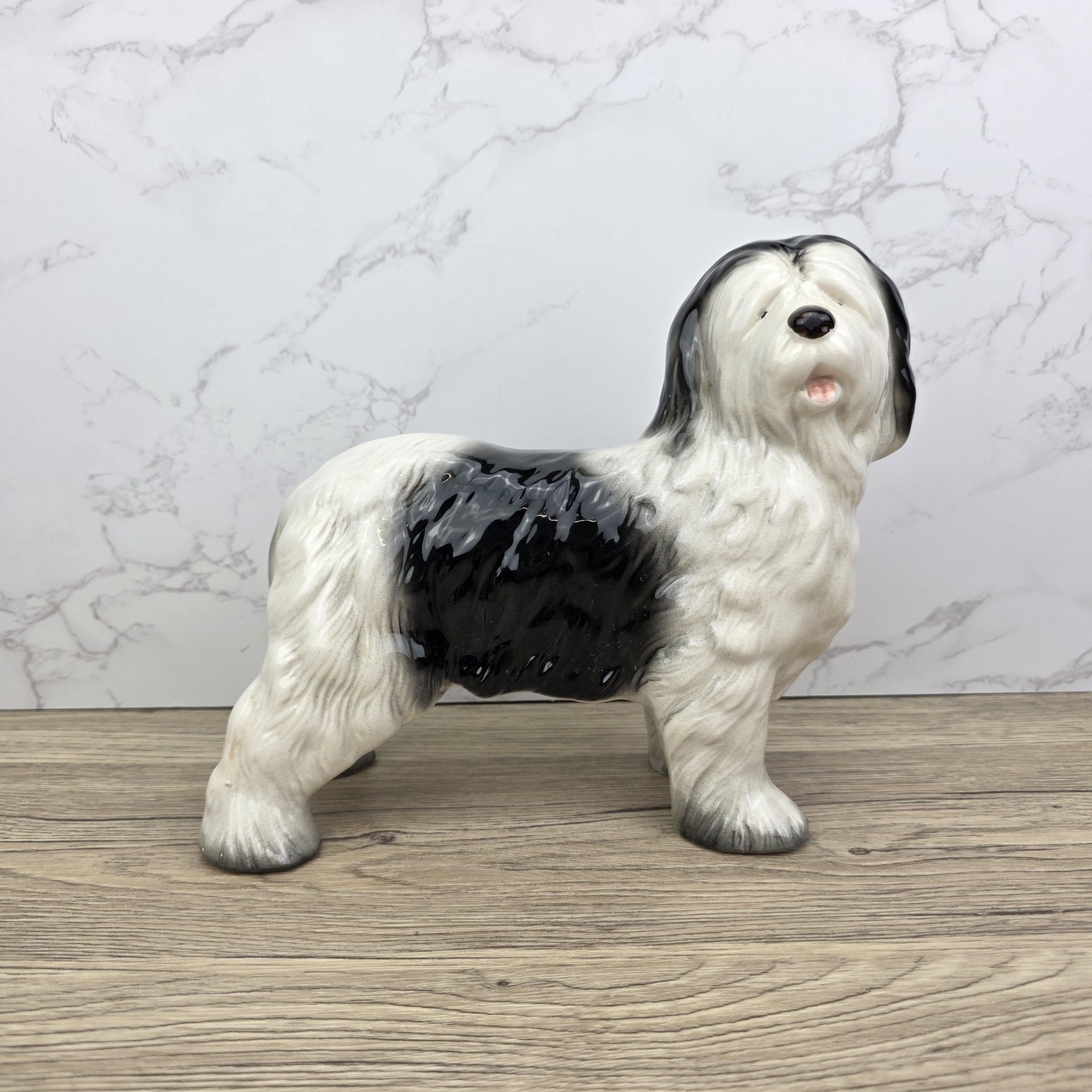Melbaware Old English Sheepdog Porcelain Figurine Large Vintage Black White Dog Statue Beswick England