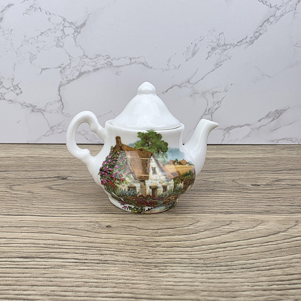 Vintage Cottage Scene Ceramic Teapot with Printed House Artwork | Unbranded Decorative Mini Pottery Teapot