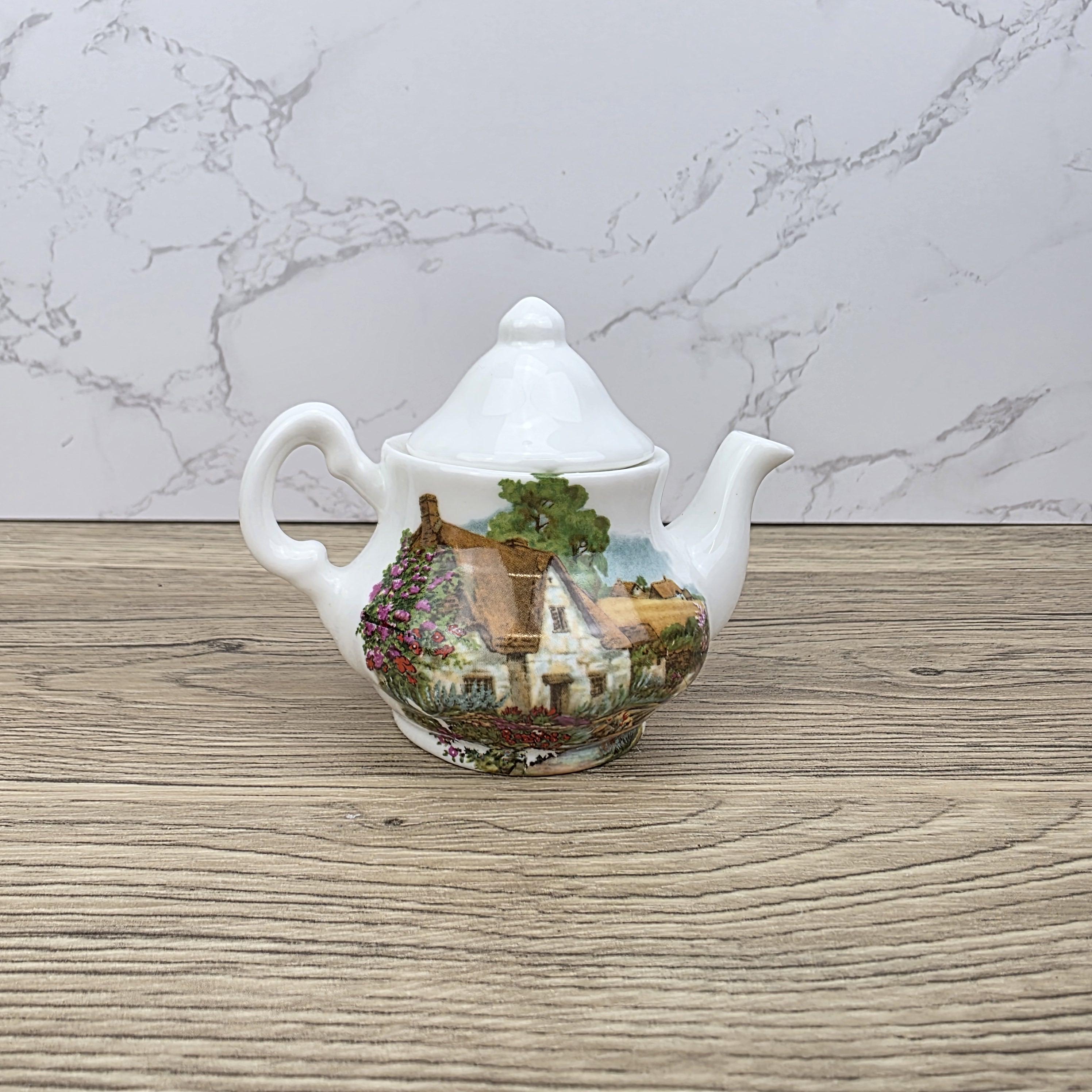 Vintage Cottage Scene Ceramic Teapot with Printed House Artwork | Unbranded Decorative Mini Pottery Teapot