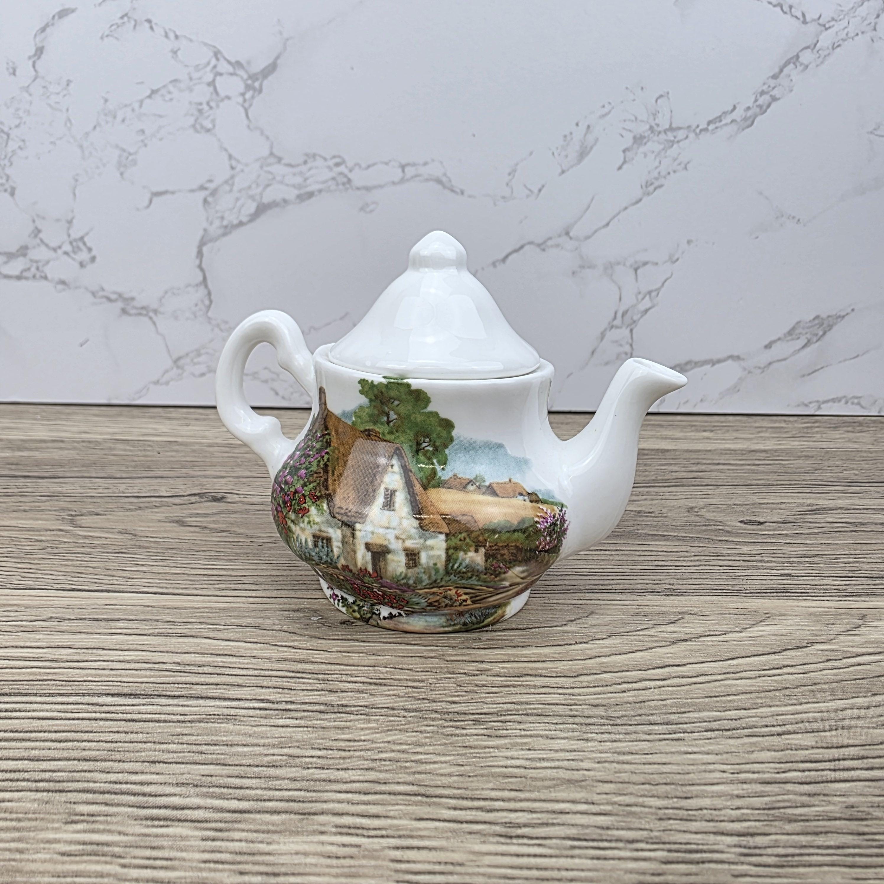 Vintage Cottage Scene Ceramic Teapot with Printed House Artwork | Unbranded Decorative Mini Pottery Teapot
