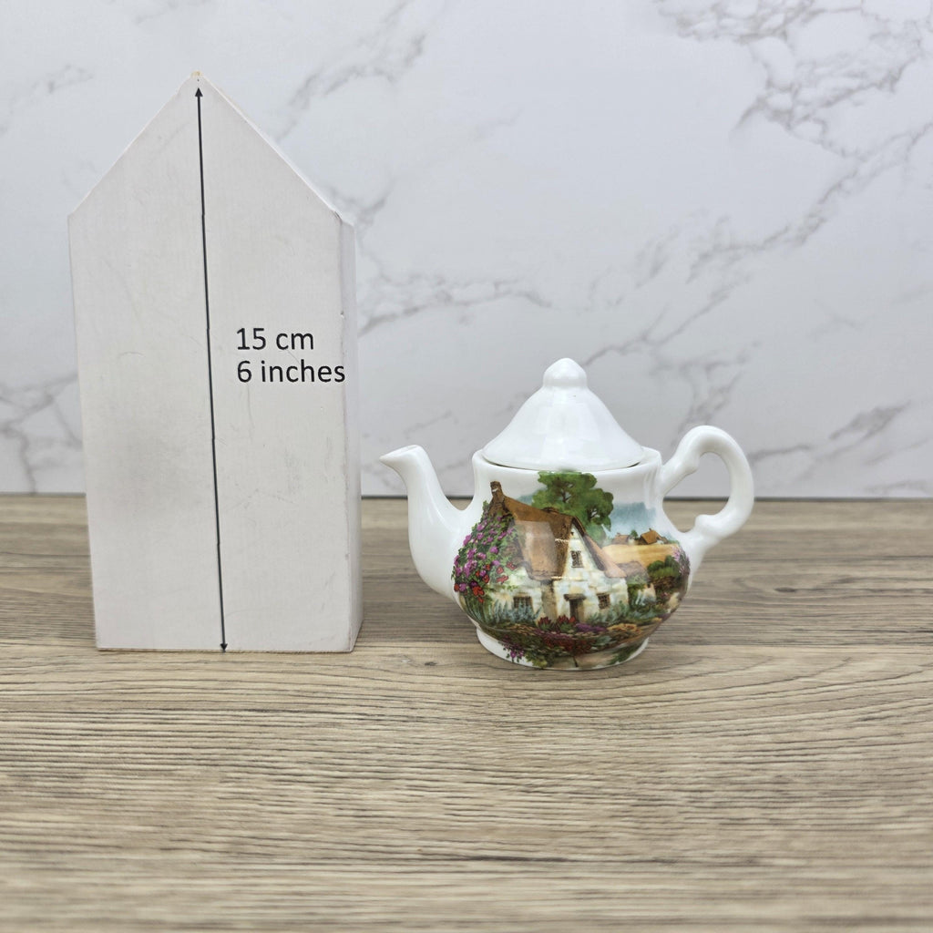 Vintage Cottage Scene Ceramic Teapot with Printed House Artwork | Unbranded Decorative Mini Pottery Teapot