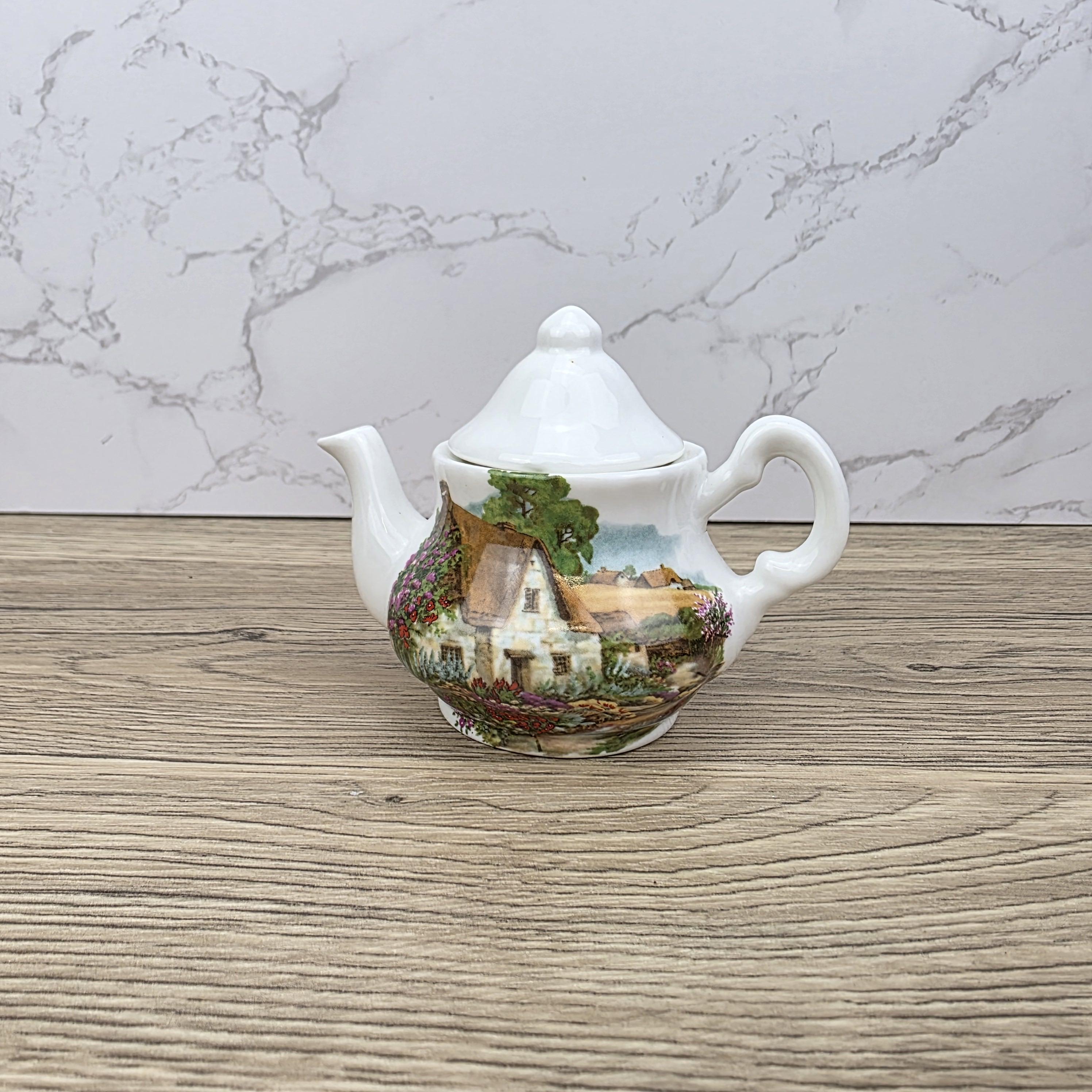 Vintage Cottage Scene Ceramic Teapot with Printed House Artwork | Unbranded Decorative Mini Pottery Teapot