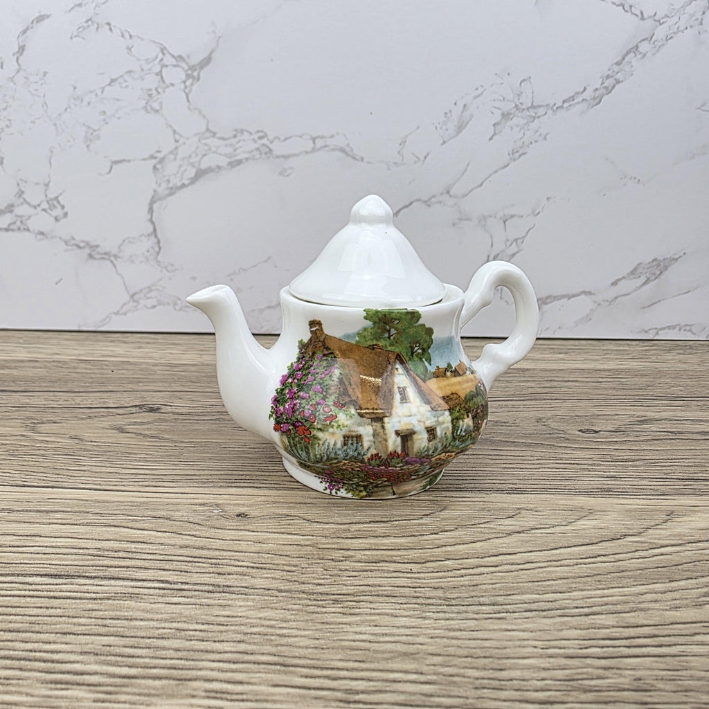 Vintage Cottage Scene Ceramic Teapot with Printed House Artwork | Unbranded Decorative Mini Pottery Teapot