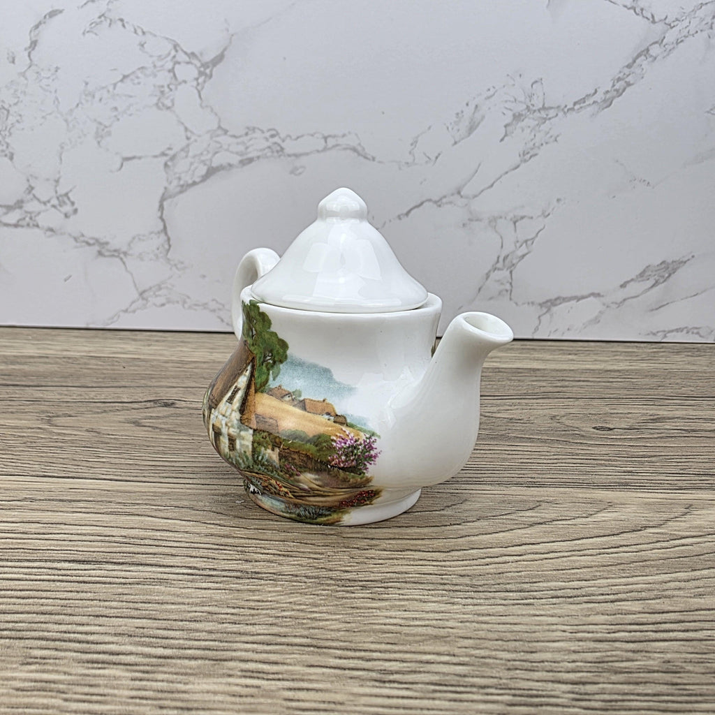Vintage Cottage Scene Ceramic Teapot with Printed House Artwork | Unbranded Decorative Mini Pottery Teapot