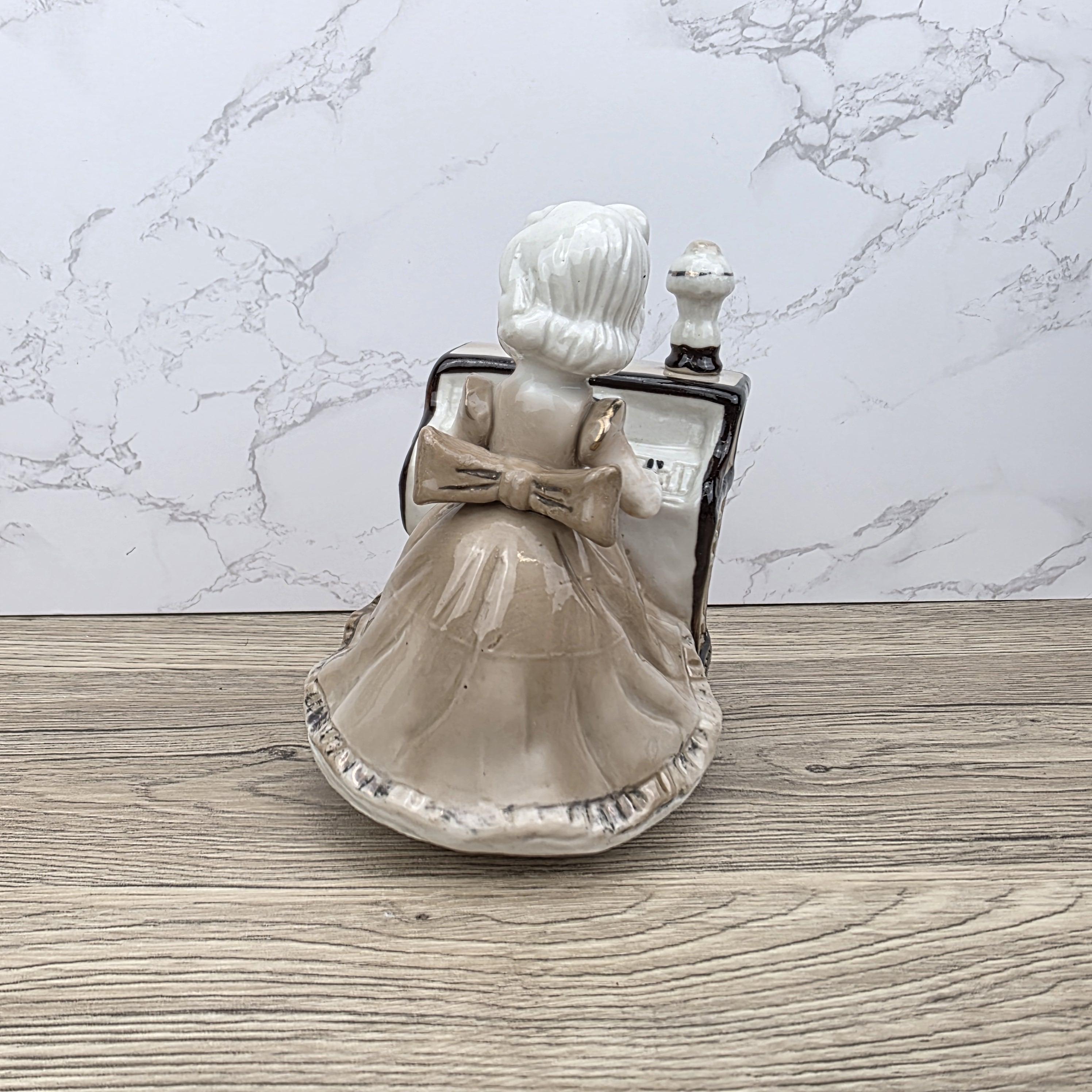 Vintage Ceramic Girl at Piano Music Box Figurine | Hand-Painted Porcelain | Working Melody | 1950s Japan
