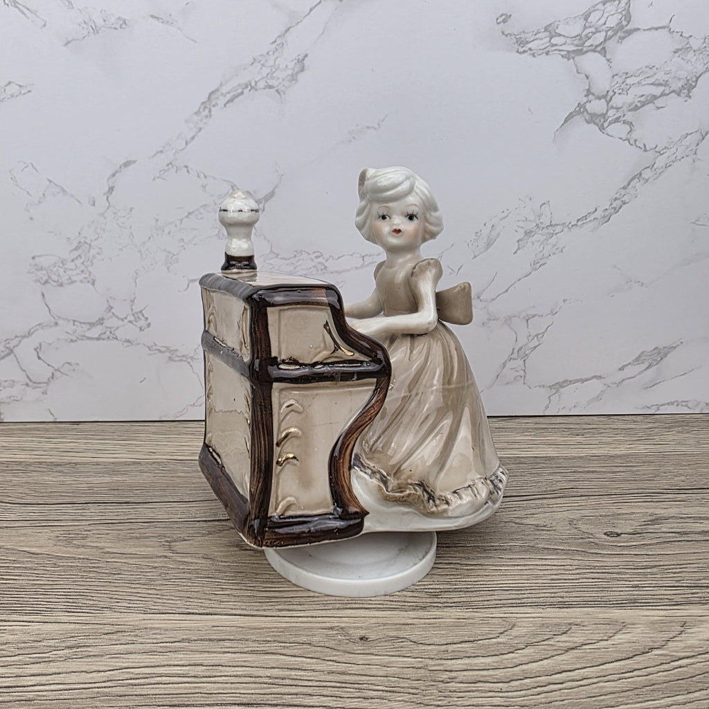 Vintage Ceramic Girl at Piano Music Box Figurine | Hand-Painted Porcelain | Working Melody | 1950s Japan
