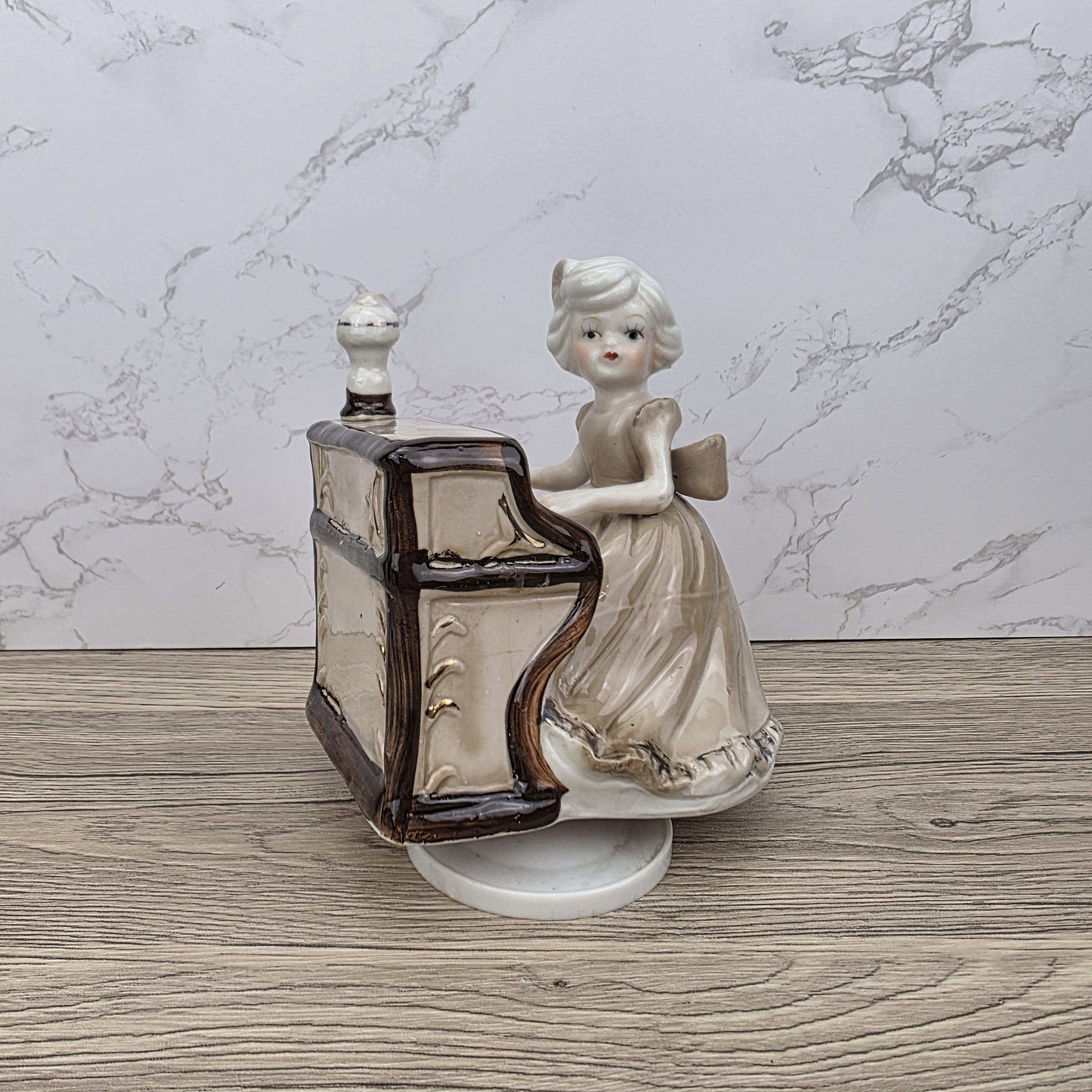 Vintage Ceramic Girl at Piano Music Box Figurine | Hand-Painted Porcelain | Working Melody | 1950s Japan
