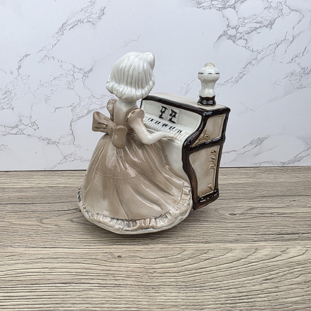 Vintage Ceramic Girl at Piano Music Box Figurine | Hand-Painted Porcelain | Working Melody | 1950s Japan