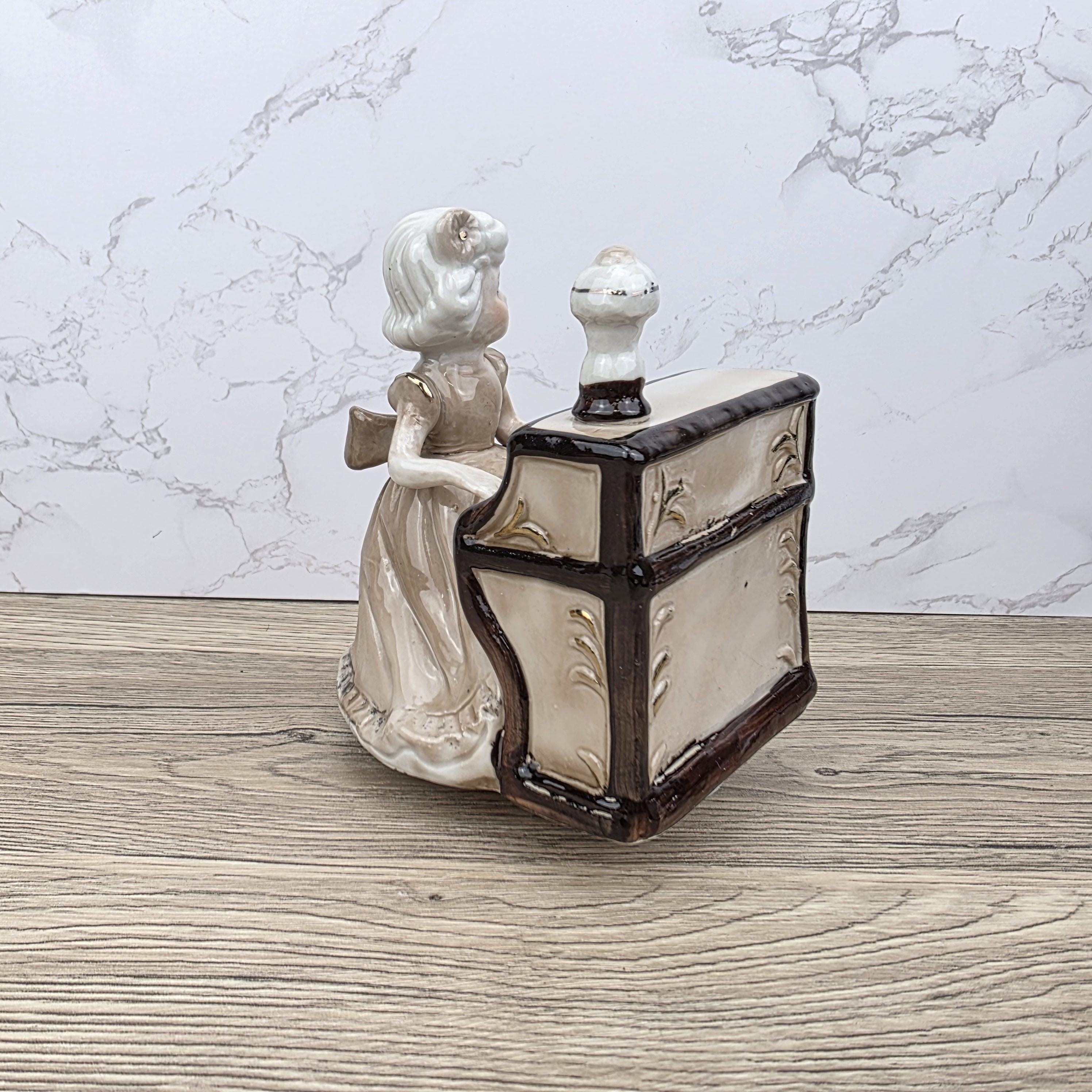 Vintage Ceramic Girl at Piano Music Box Figurine | Hand-Painted Porcelain | Working Melody | 1950s Japan