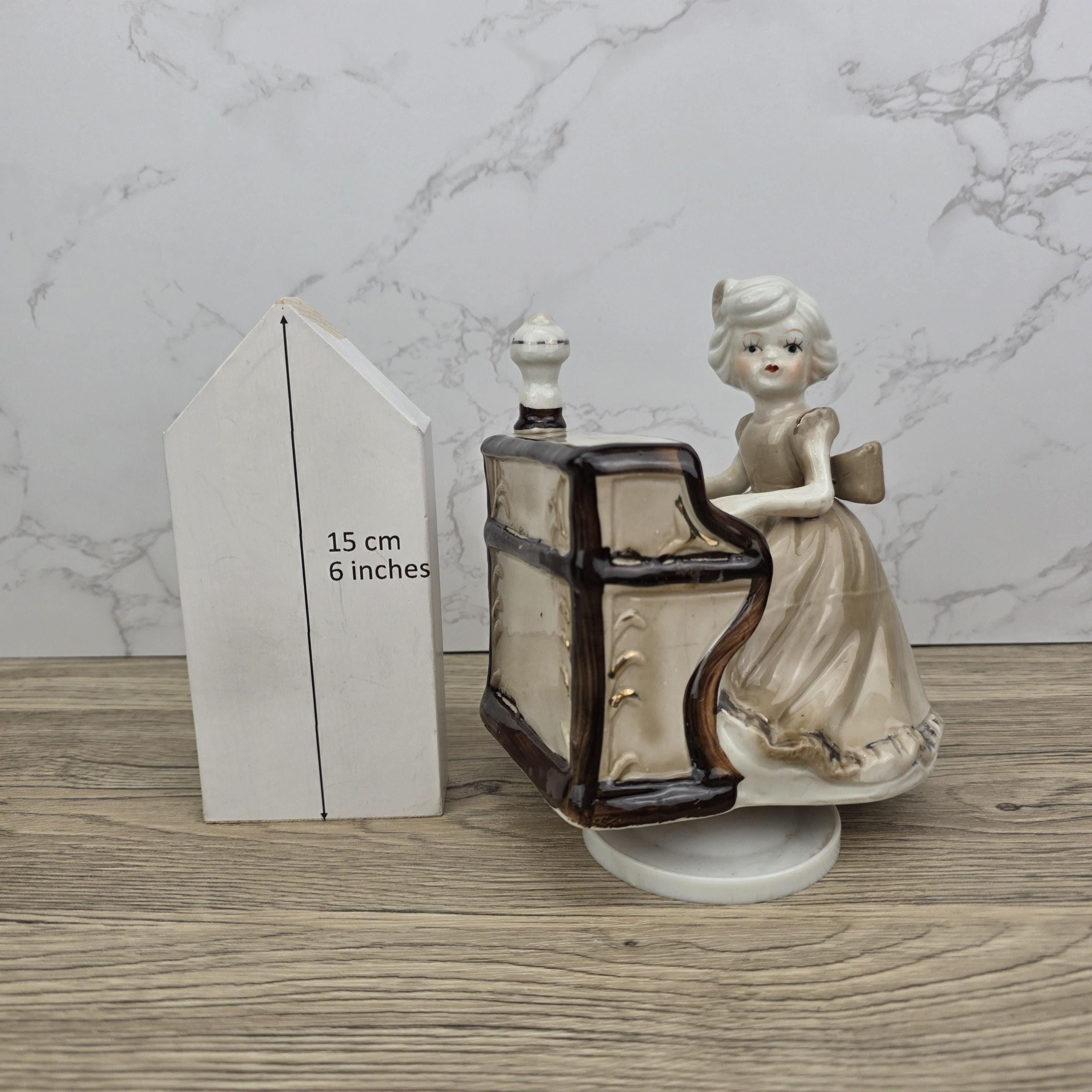 Vintage Ceramic Girl at Piano Music Box Figurine | Hand-Painted Porcelain | Working Melody | 1950s Japan