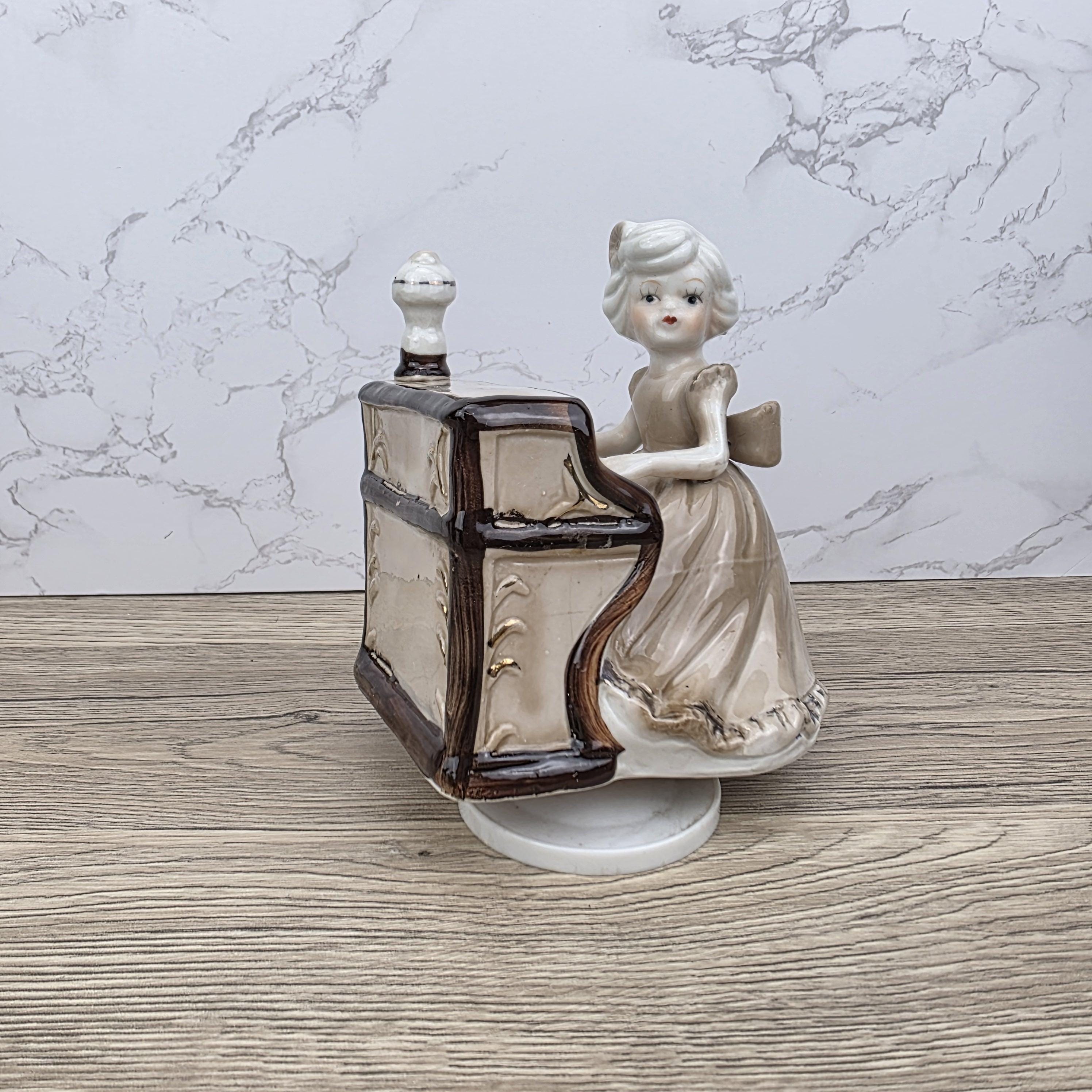 Vintage Ceramic Girl at Piano Music Box Figurine | Hand-Painted Porcelain | Working Melody | 1950s Japan