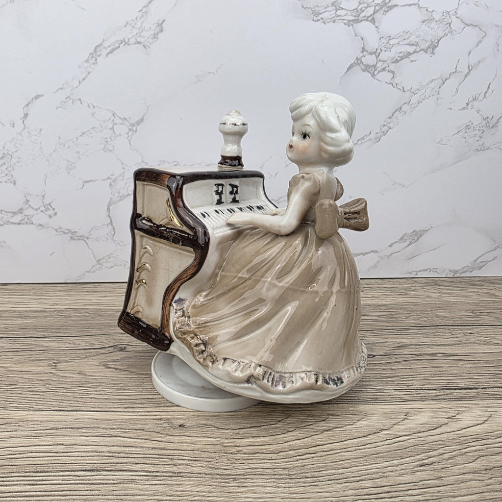 Vintage Ceramic Girl at Piano Music Box Figurine | Hand-Painted Porcelain | Working Melody | 1950s Japan
