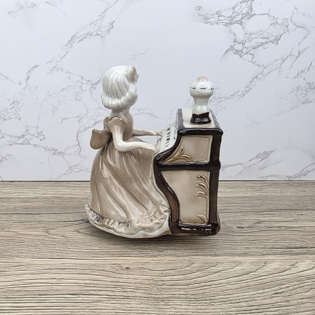 Vintage Ceramic Girl at Piano Music Box Figurine | Hand-Painted Porcelain | Working Melody | 1950s Japan