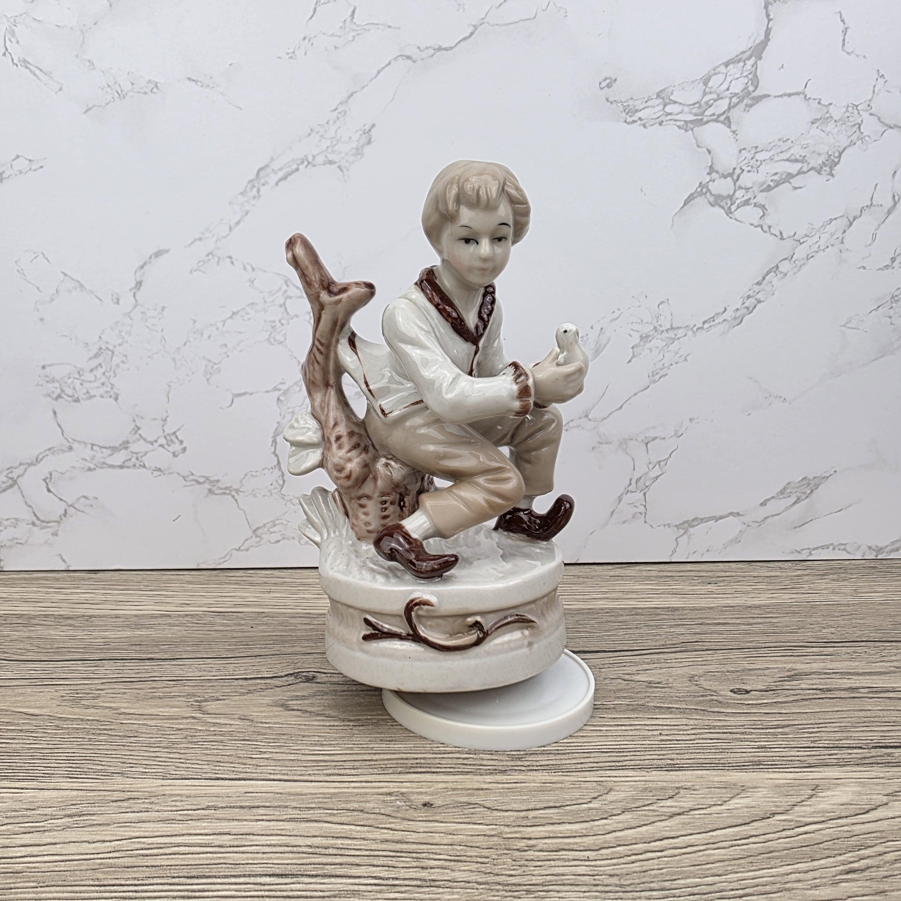 Vintage Ceramic Boy with Bird Music Box Figurine | Hand-Painted Porcelain | Working Melody | 1960s Japan