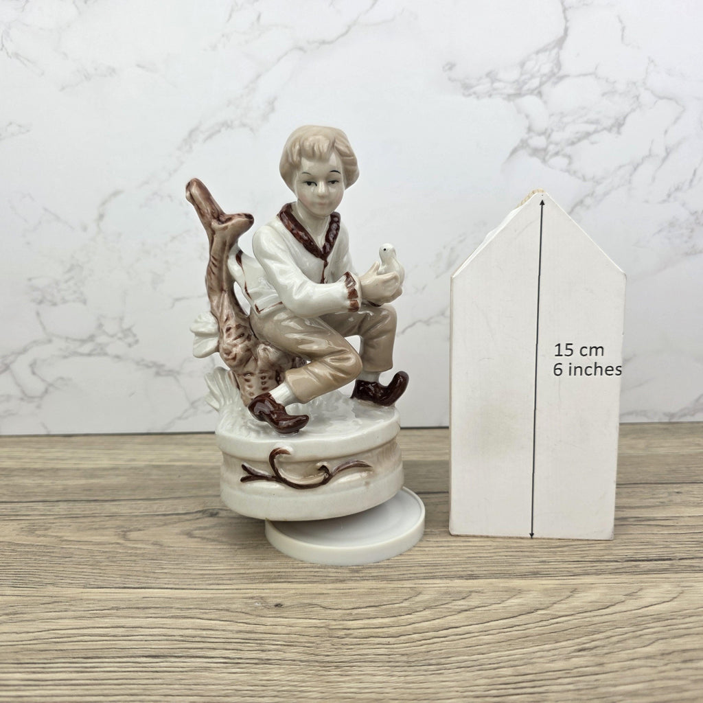 Vintage Ceramic Boy with Bird Music Box Figurine | Hand-Painted Porcelain | Working Melody | 1960s Japan