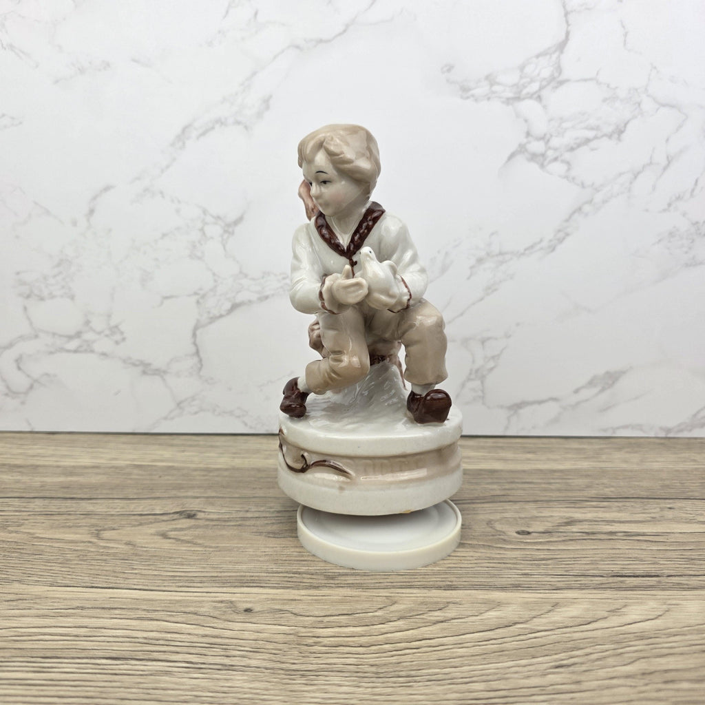 Vintage Ceramic Boy with Bird Music Box Figurine | Hand-Painted Porcelain | Working Melody | 1960s Japan