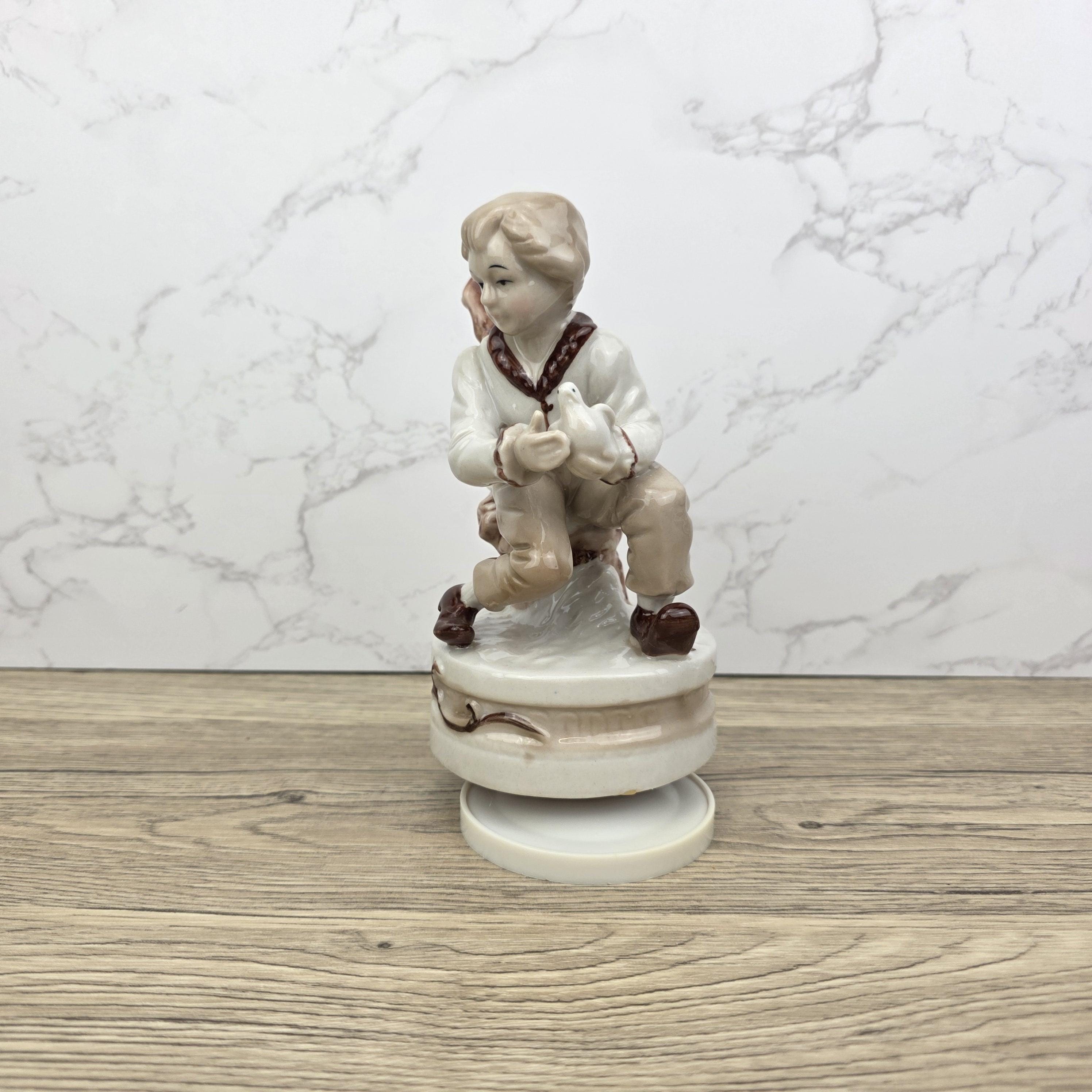 Vintage Ceramic Boy with Bird Music Box Figurine | Hand-Painted Porcelain | Working Melody | 1960s Japan