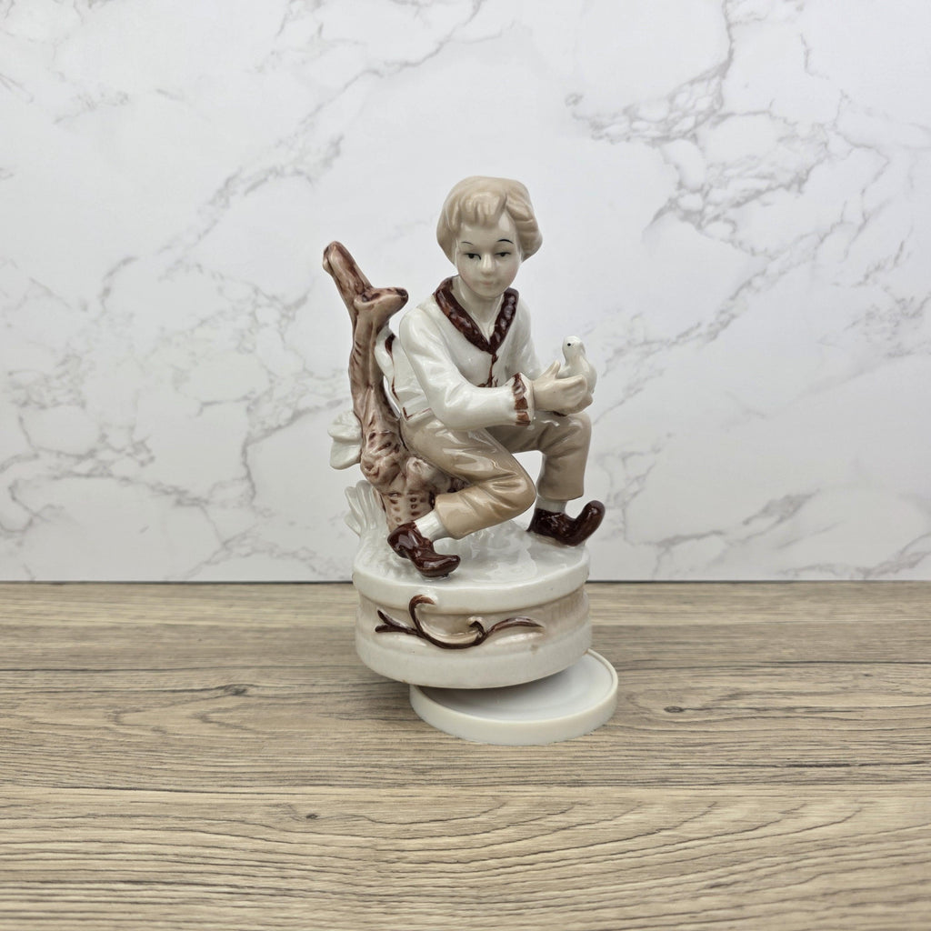Vintage Ceramic Boy with Bird Music Box Figurine | Hand-Painted Porcelain | Working Melody | 1960s Japan