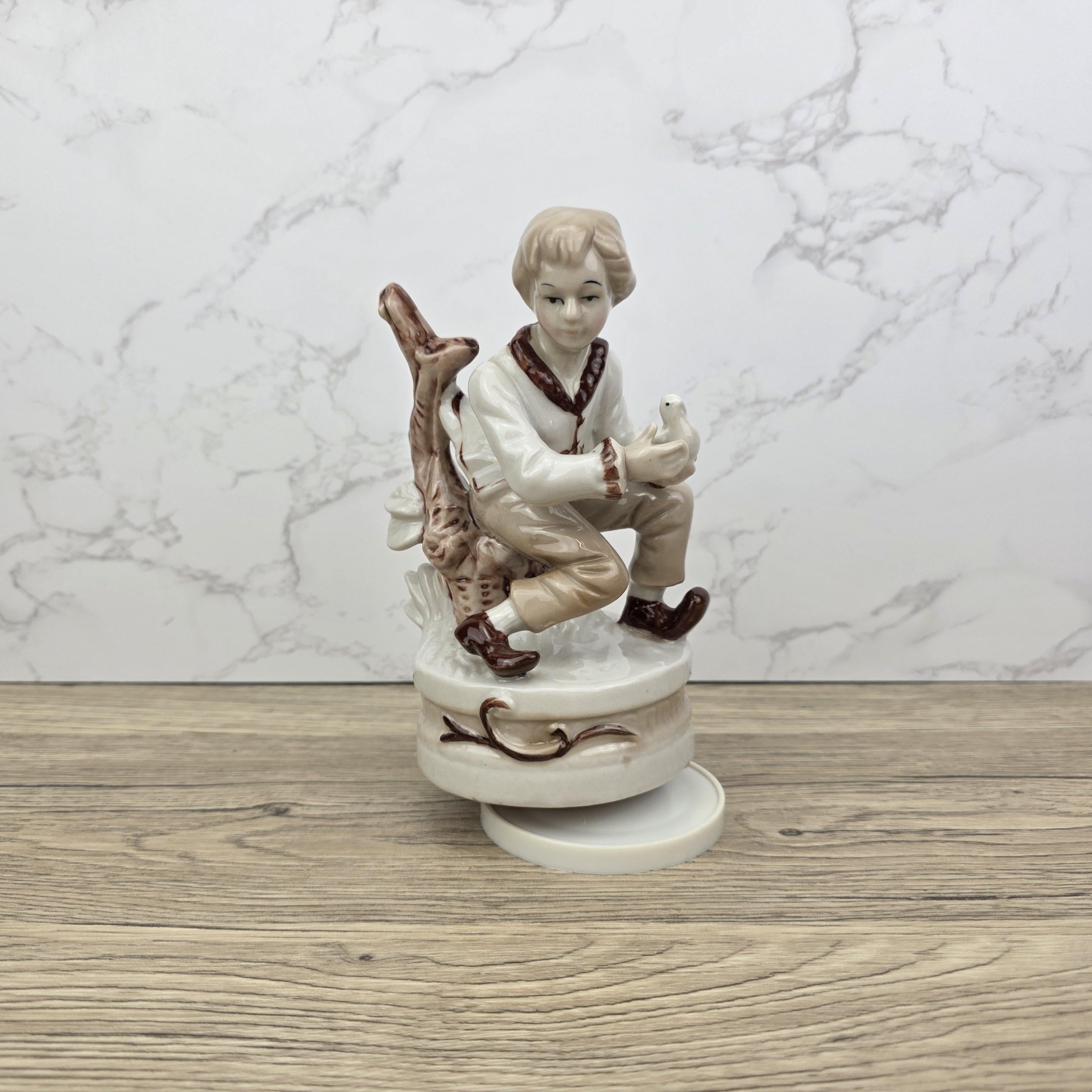 Vintage Ceramic Boy with Bird Music Box Figurine | Hand-Painted Porcelain | Working Melody | 1960s Japan