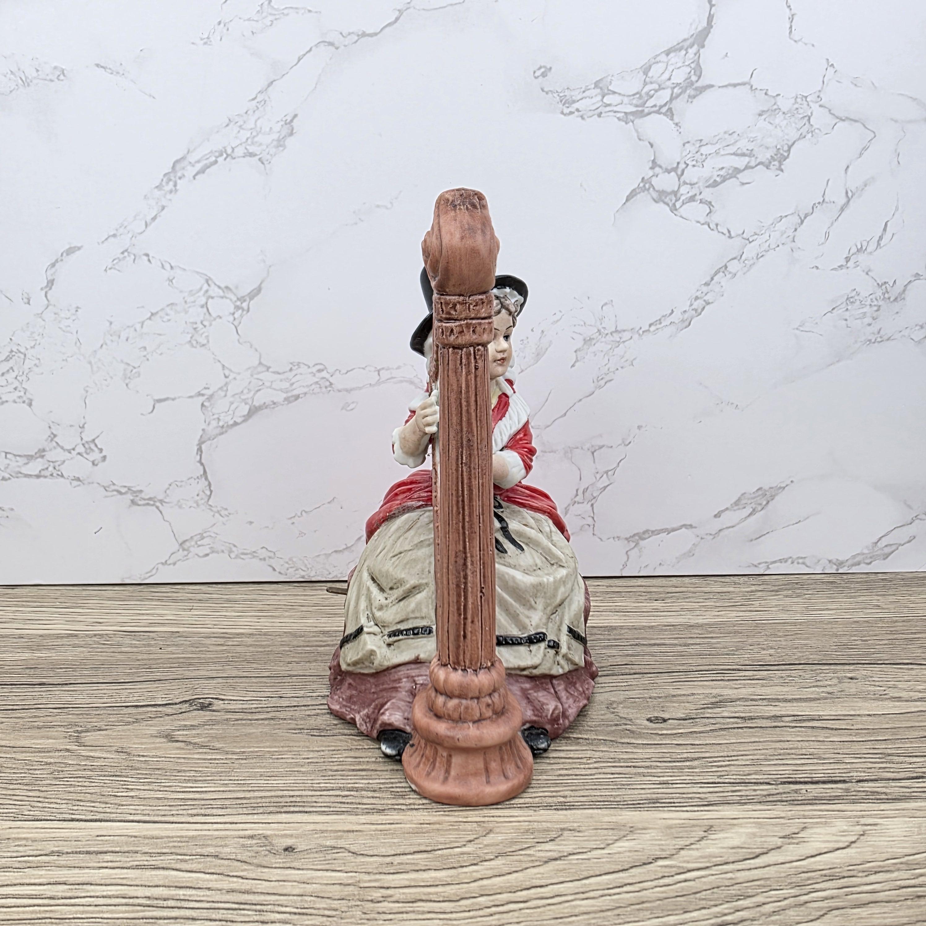 Vintage Harp Player Lady Figurine | Ceramic Music Box | Hand-Painted Victorian Style Woman with Harp