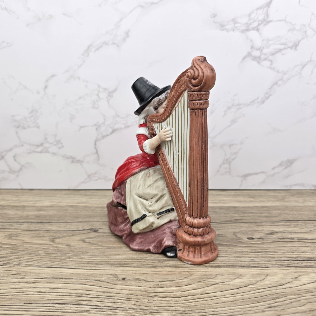 Vintage Harp Player Lady Figurine | Ceramic Music Box | Hand-Painted Victorian Style Woman with Harp