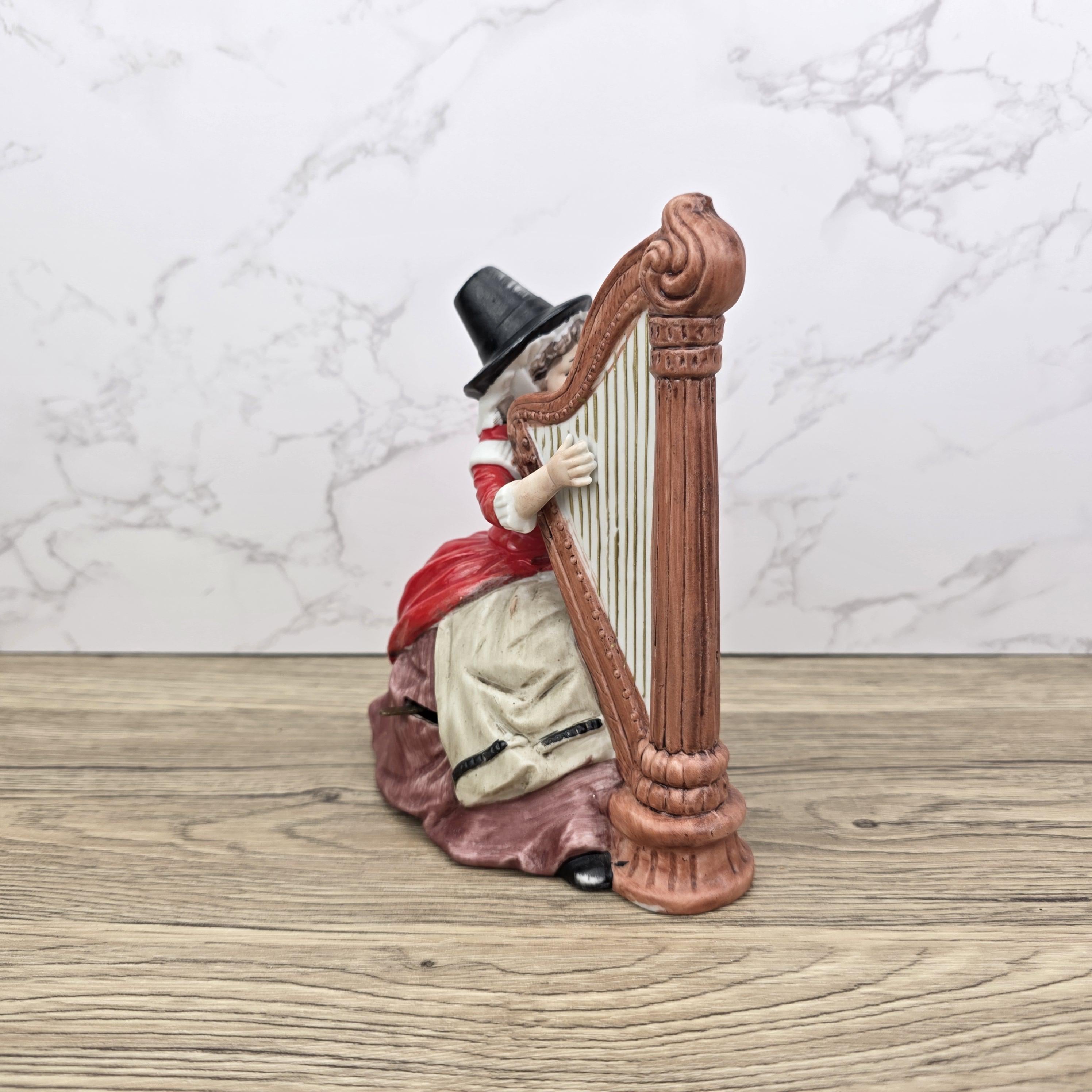 Vintage Harp Player Lady Figurine | Ceramic Music Box | Hand-Painted Victorian Style Woman with Harp