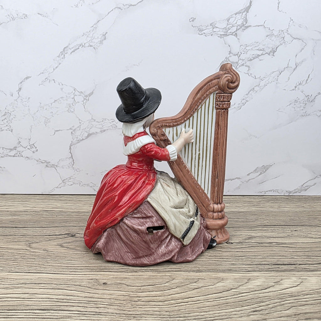 Vintage Harp Player Lady Figurine | Ceramic Music Box | Hand-Painted Victorian Style Woman with Harp
