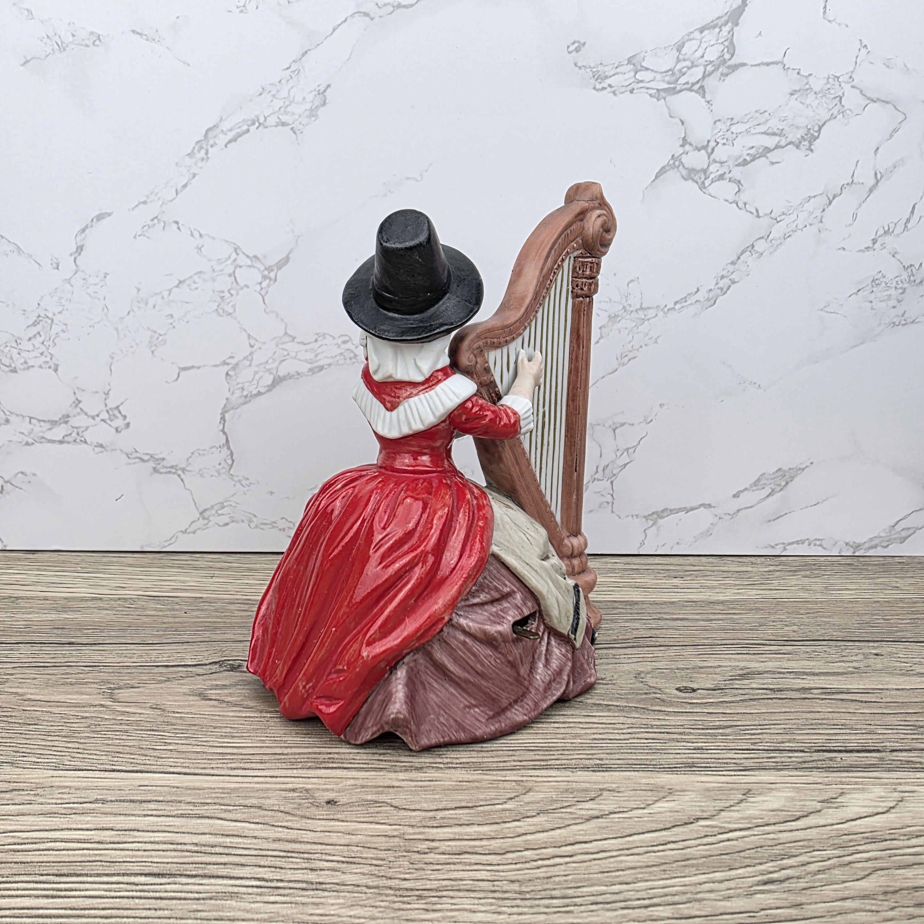 Vintage Harp Player Lady Figurine | Ceramic Music Box | Hand-Painted Victorian Style Woman with Harp