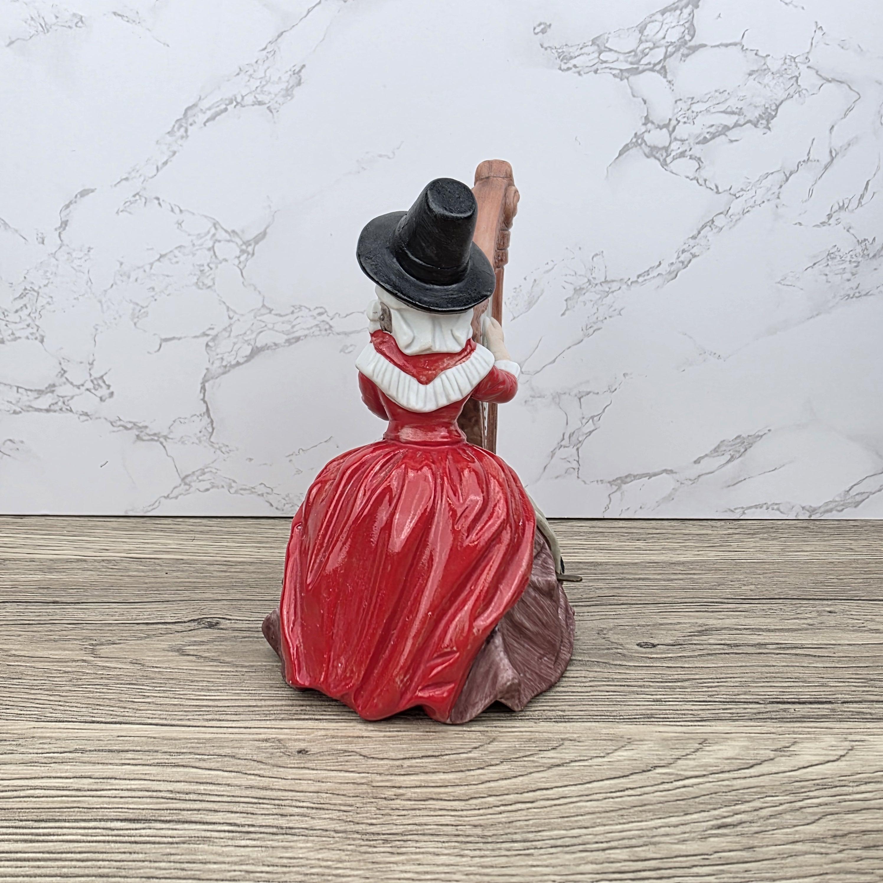 Vintage Harp Player Lady Figurine | Ceramic Music Box | Hand-Painted Victorian Style Woman with Harp