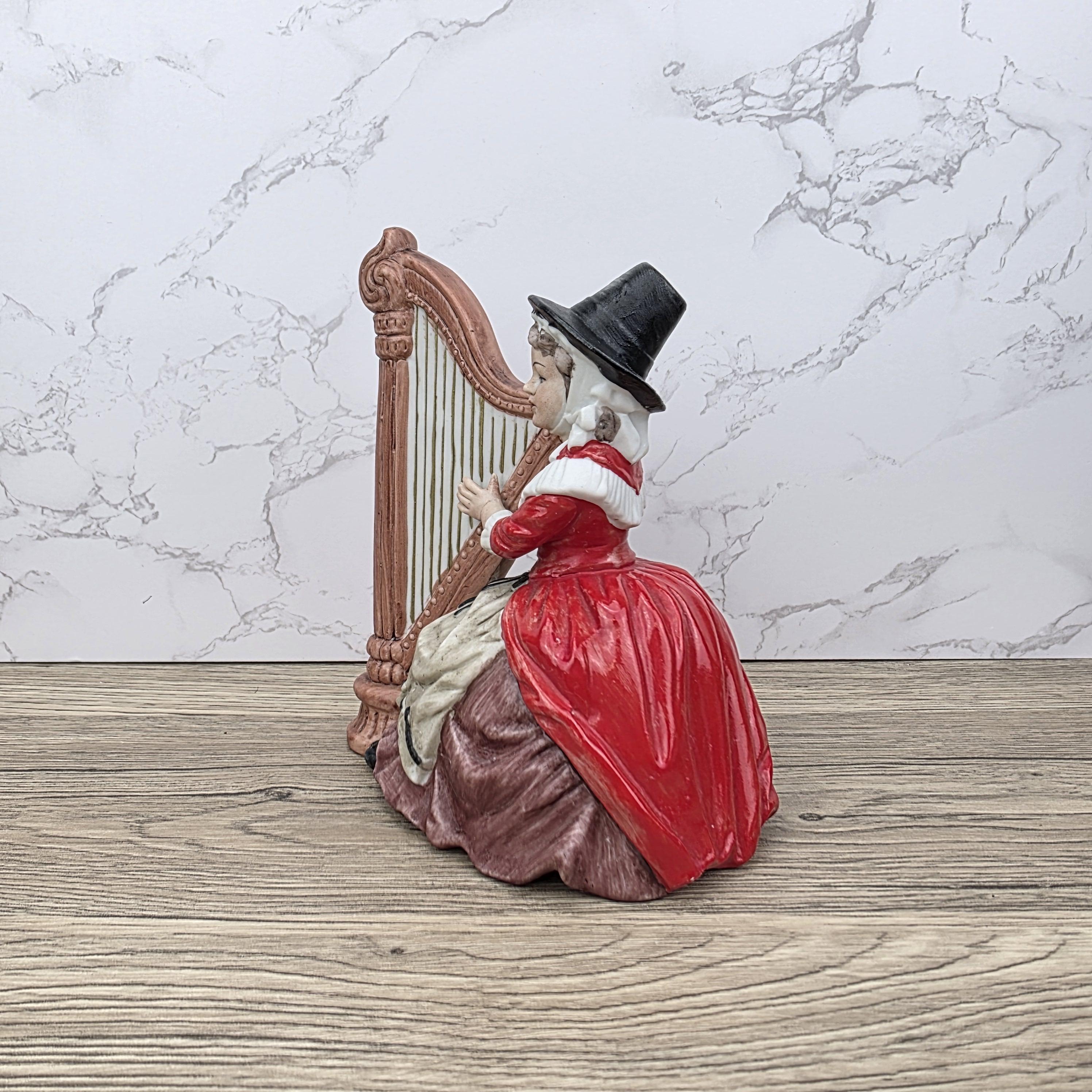 Vintage Harp Player Lady Figurine | Ceramic Music Box | Hand-Painted Victorian Style Woman with Harp