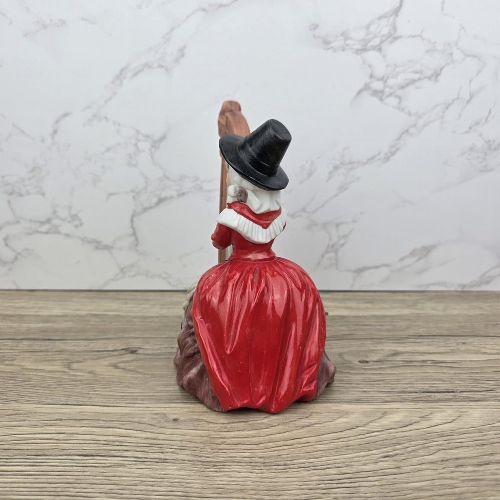 Vintage Harp Player Lady Figurine | Ceramic Music Box | Hand-Painted Victorian Style Woman with Harp