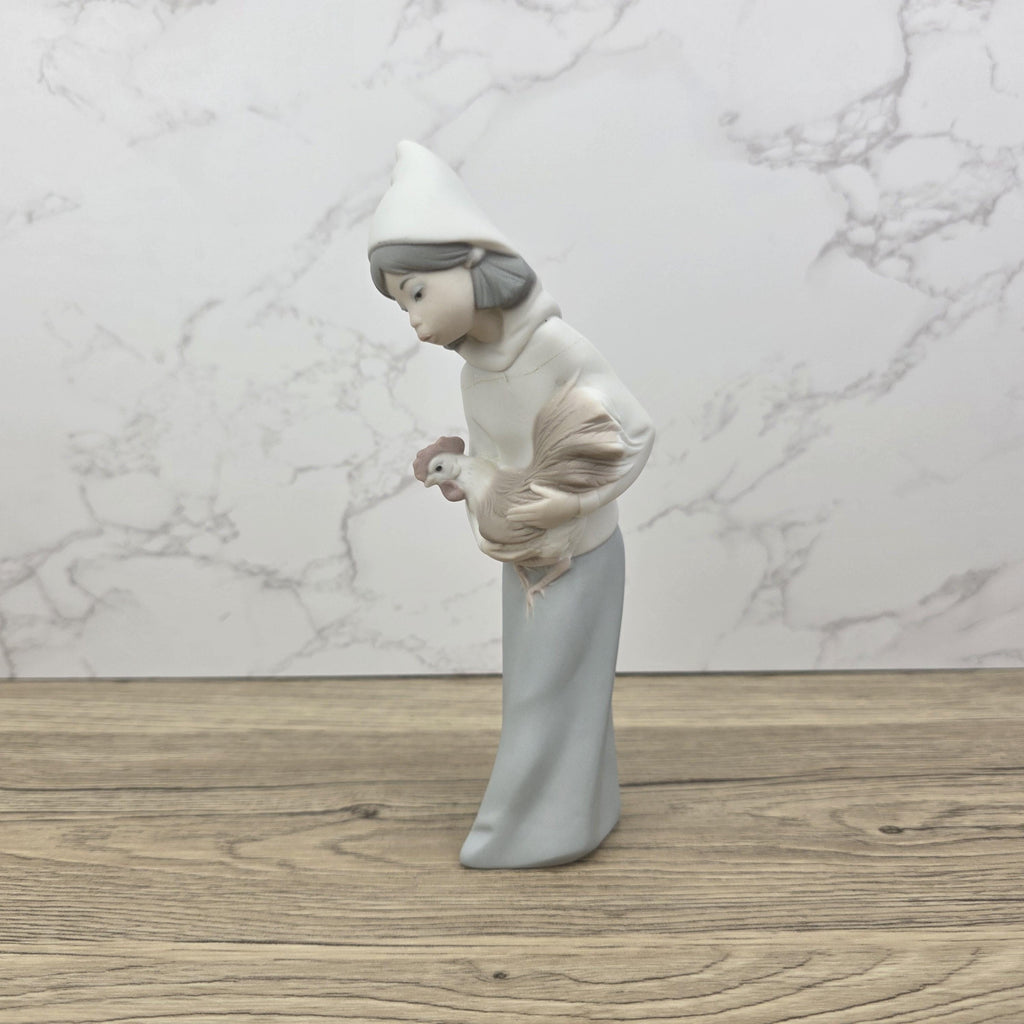 Vintage Girl Holding Chicken Figurine by Lladro | 1980s Spain Porcelain | Model 1330 | Restored Neck