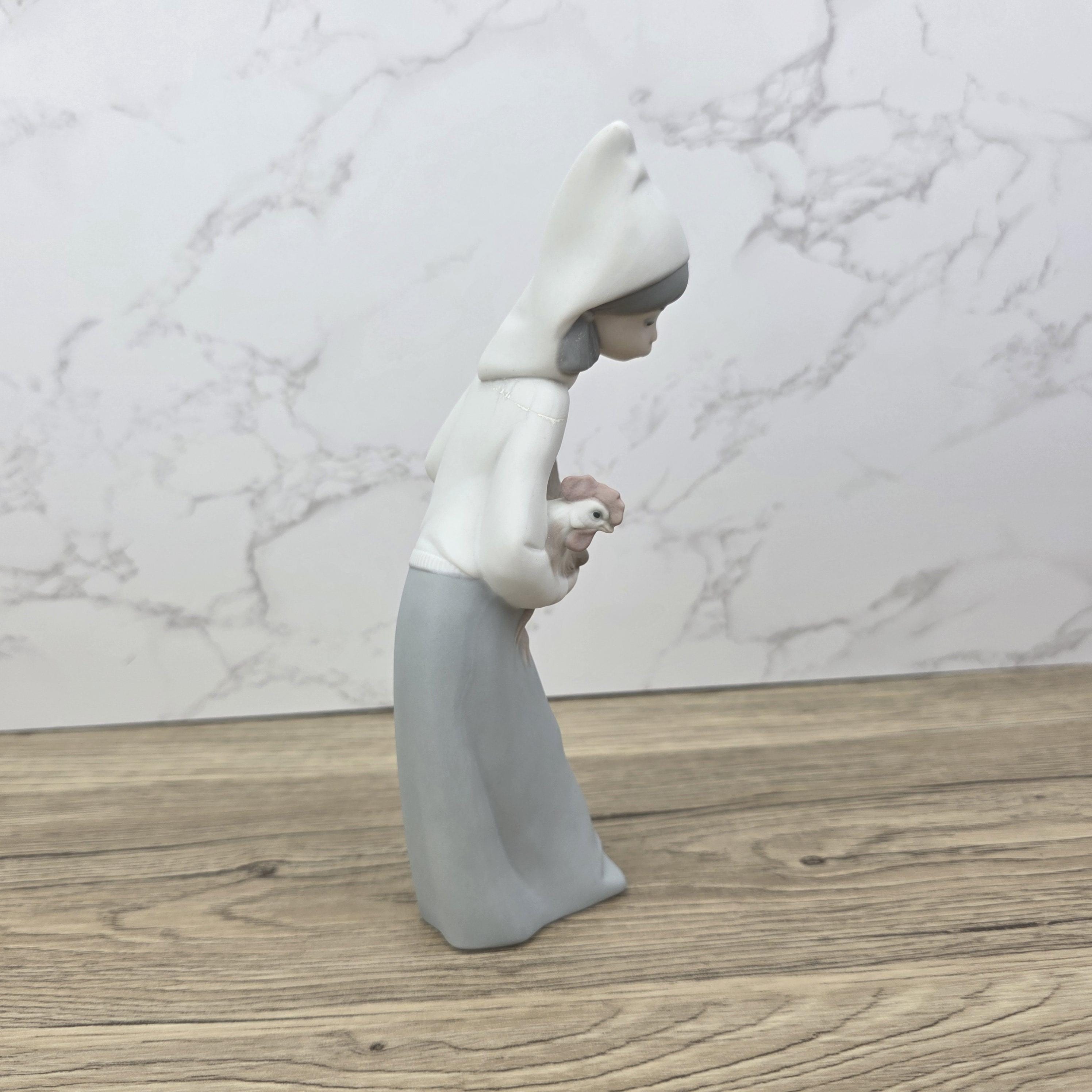 Vintage Girl Holding Chicken Figurine by Lladro | 1980s Spain Porcelain | Model 1330 | Restored Neck