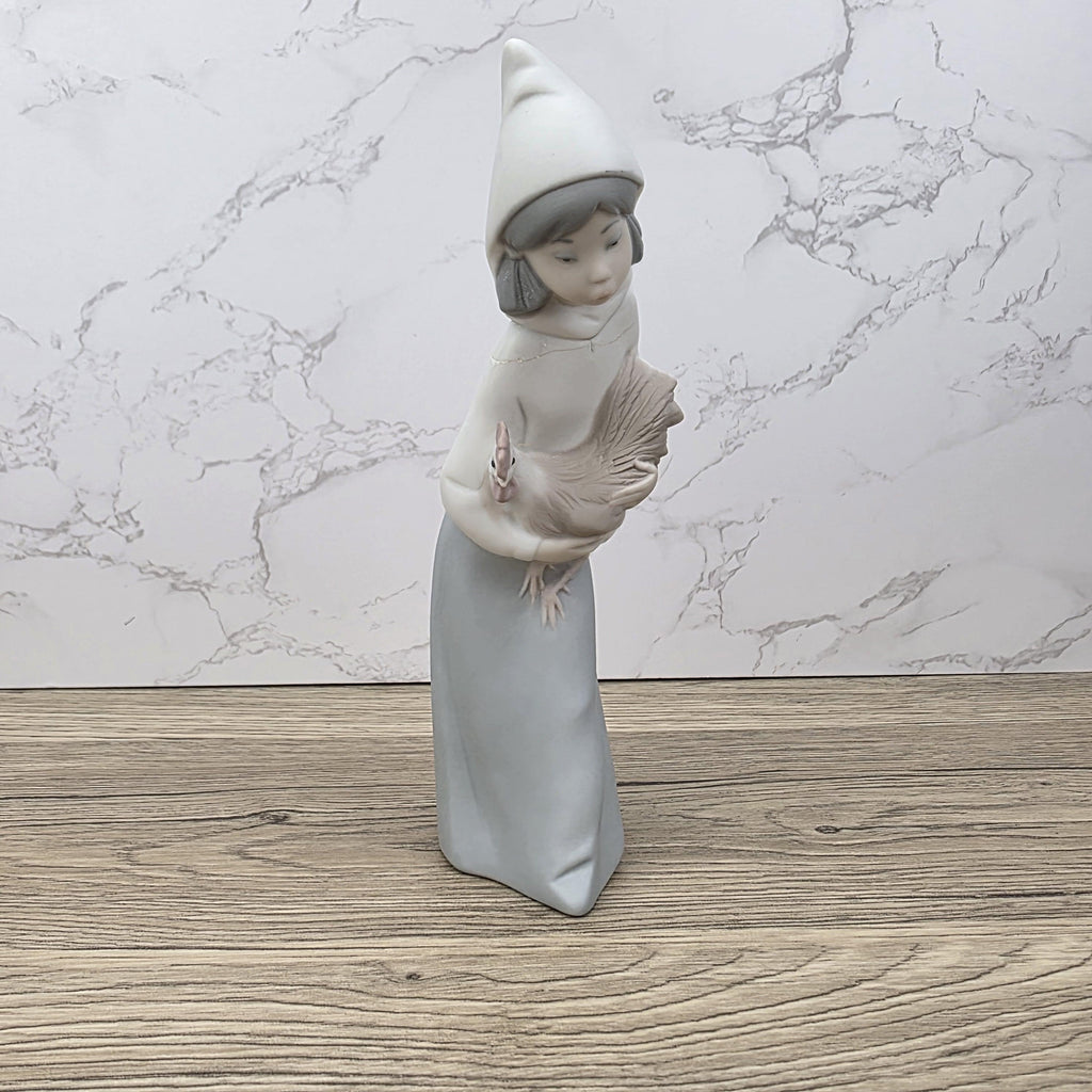 Vintage Girl Holding Chicken Figurine by Lladro | 1980s Spain Porcelain | Model 1330 | Restored Neck