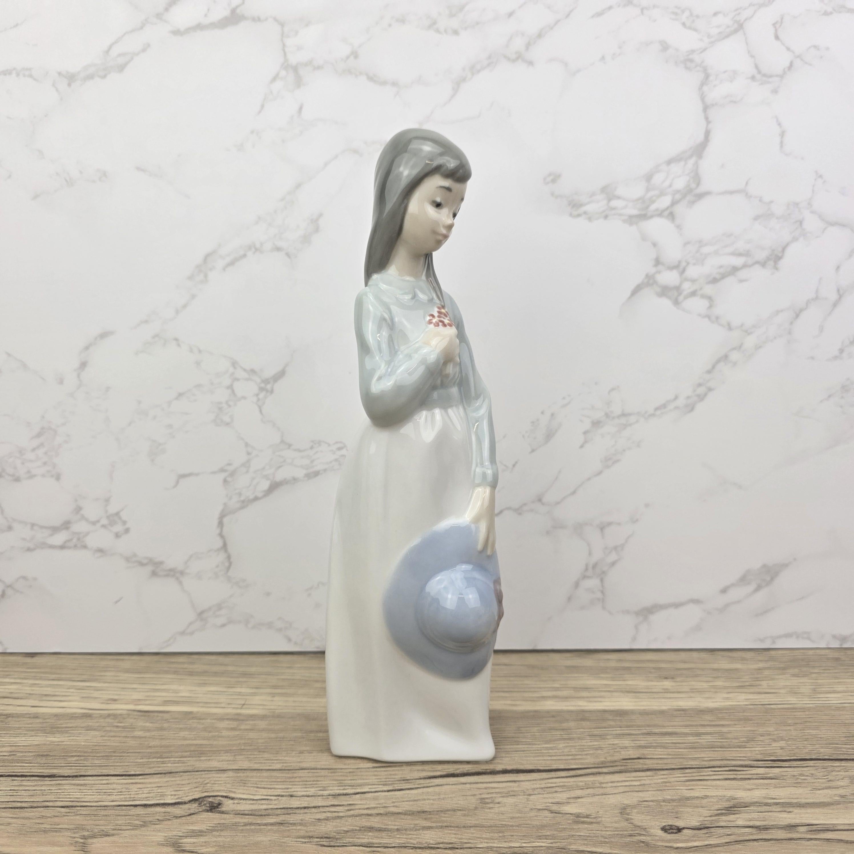 Girl Holding Hat Porcelain Figurine Vintage Collectible Sculpture by NAO Lladro Spain Gloss Finish