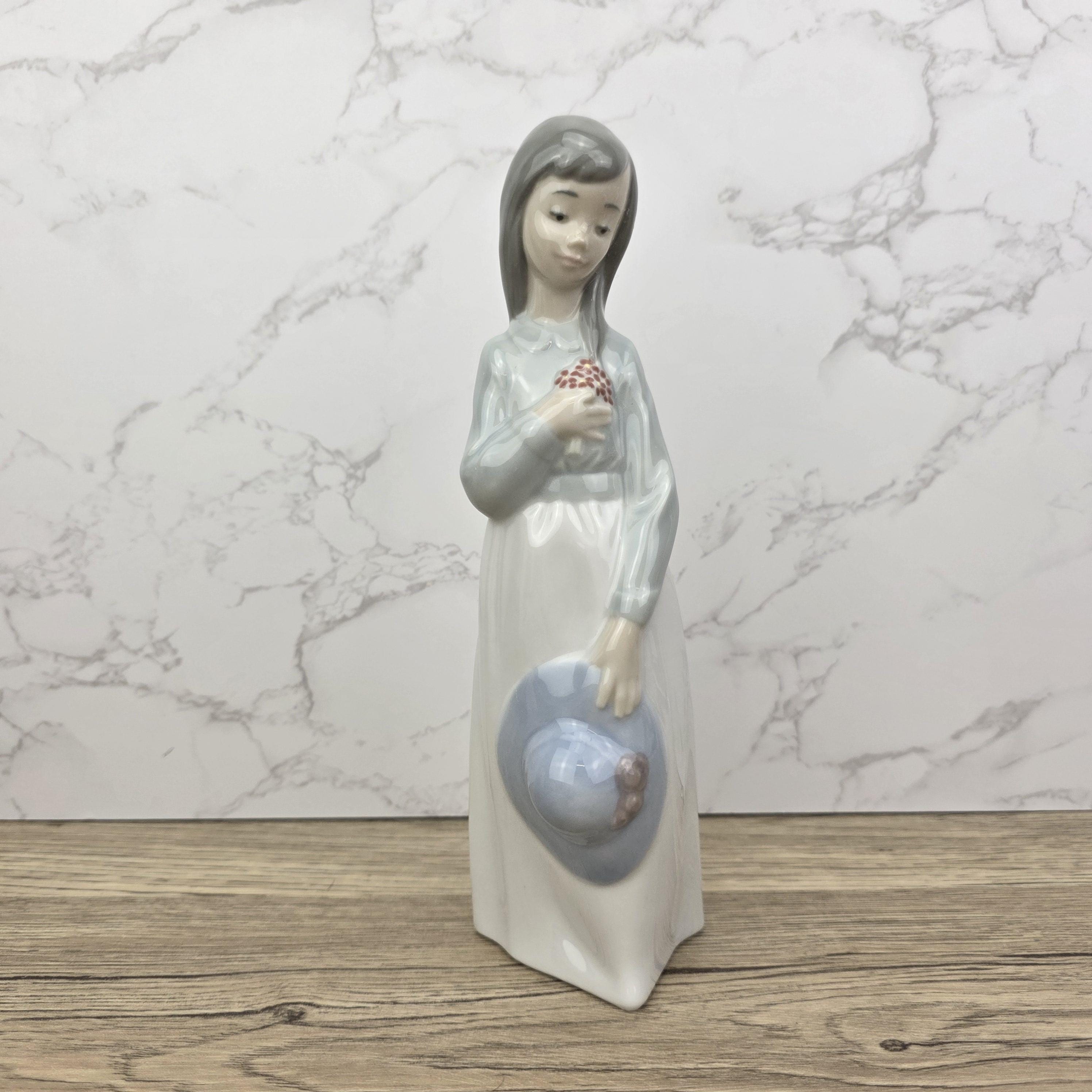 Girl Holding Hat Porcelain Figurine Vintage Collectible Sculpture by NAO Lladro Spain Gloss Finish