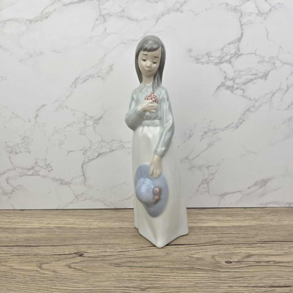 Girl Holding Hat Porcelain Figurine Vintage Collectible Sculpture by NAO Lladro Spain Gloss Finish