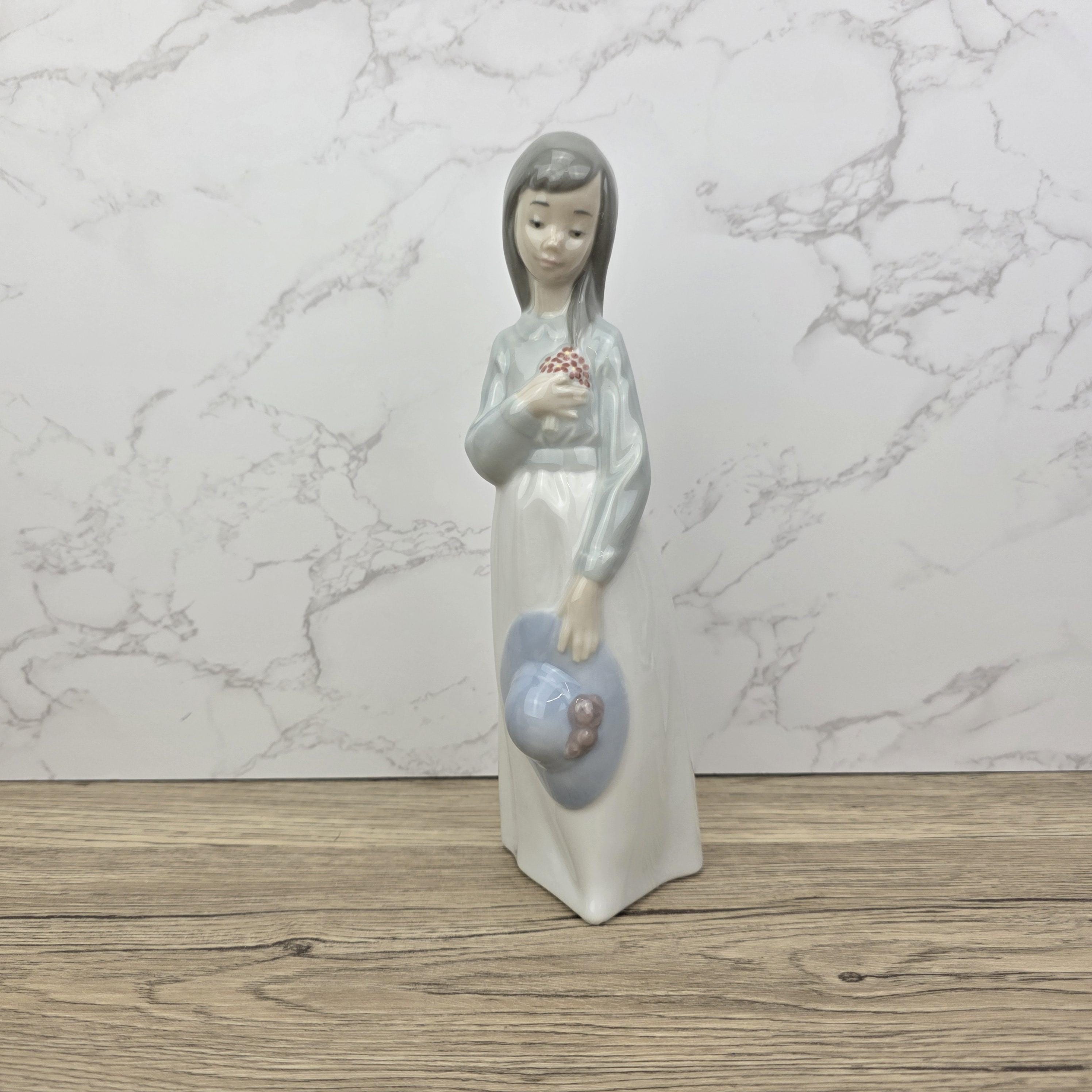 Girl Holding Hat Porcelain Figurine Vintage Collectible Sculpture by NAO Lladro Spain Gloss Finish