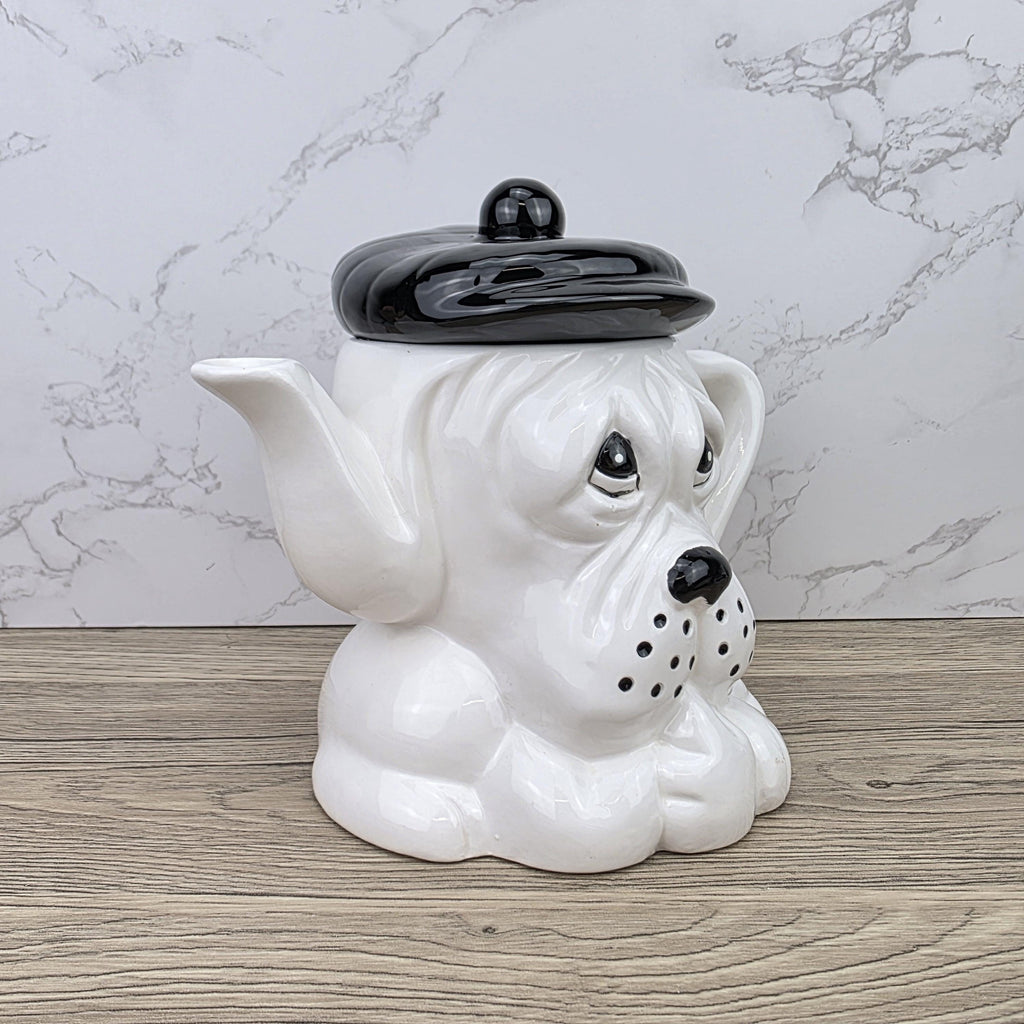 Dog Shaped Ceramic Teapot 1970s White Black Design Vintage Pottery Novelty Kitchen Collectible