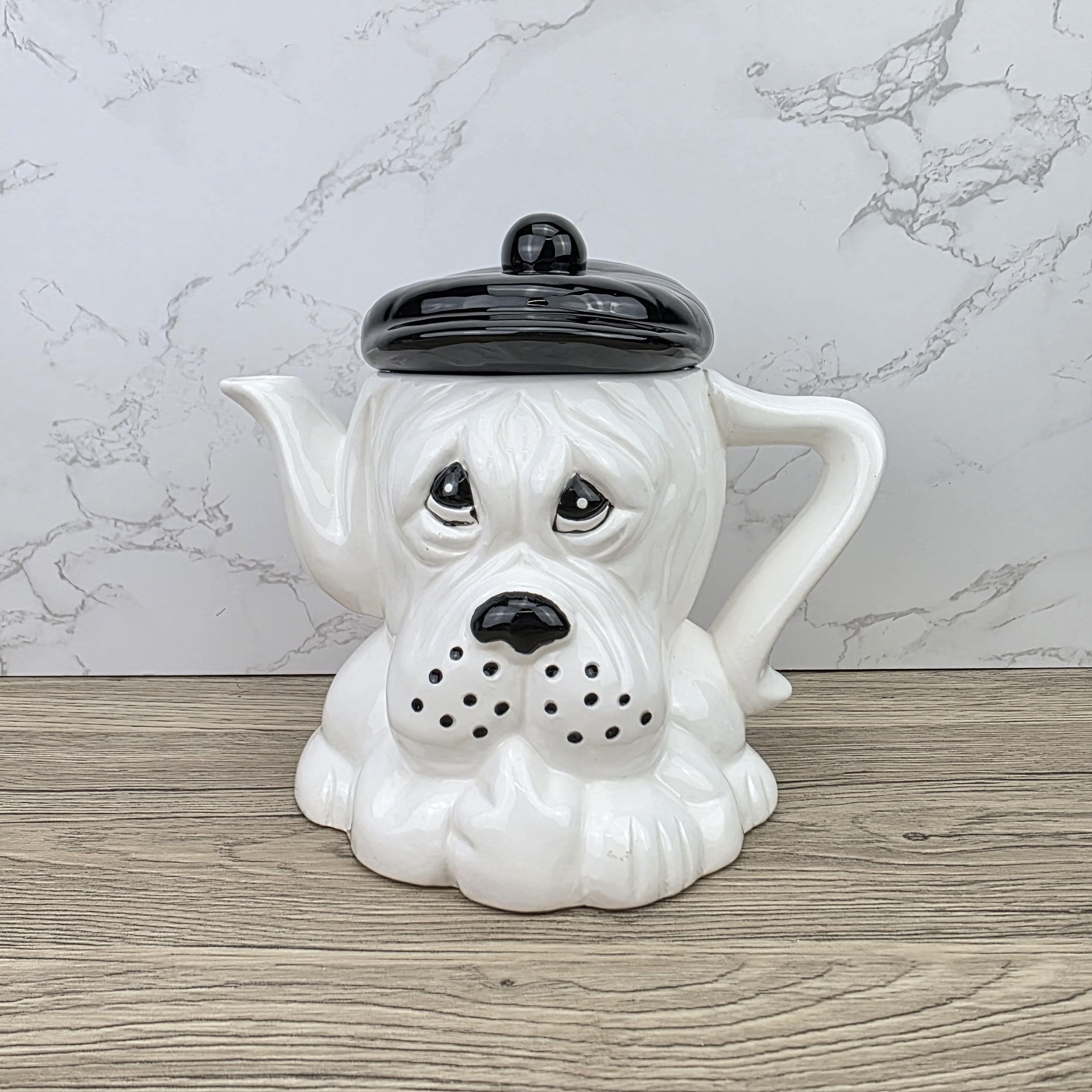 Dog Shaped Ceramic Teapot 1970s White Black Design Vintage Pottery Novelty Kitchen Collectible